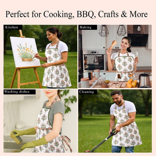 Collage of people wearing aprons in various activities with text 'Perfect for Cooking, BBQ, Crafts & More'.