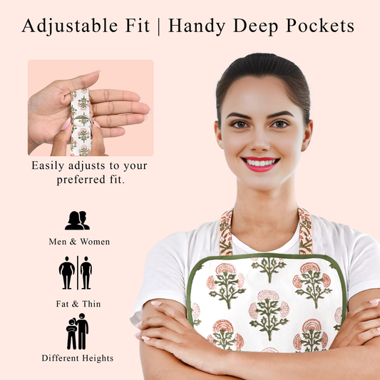 Woman wearing a floral apron with text highlighting adjustable fit and deep pockets.