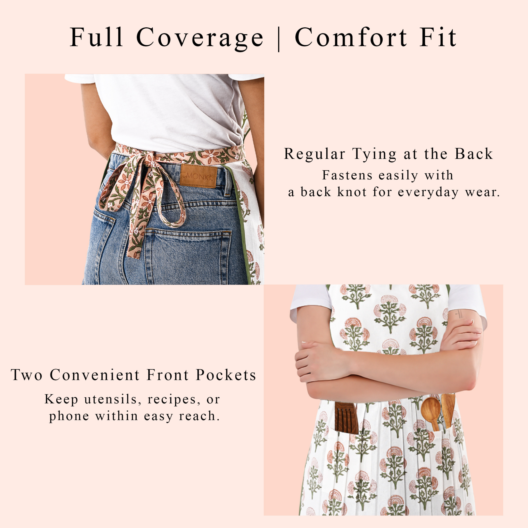 Person wearing a floral apron with text describing its features on a pink background
