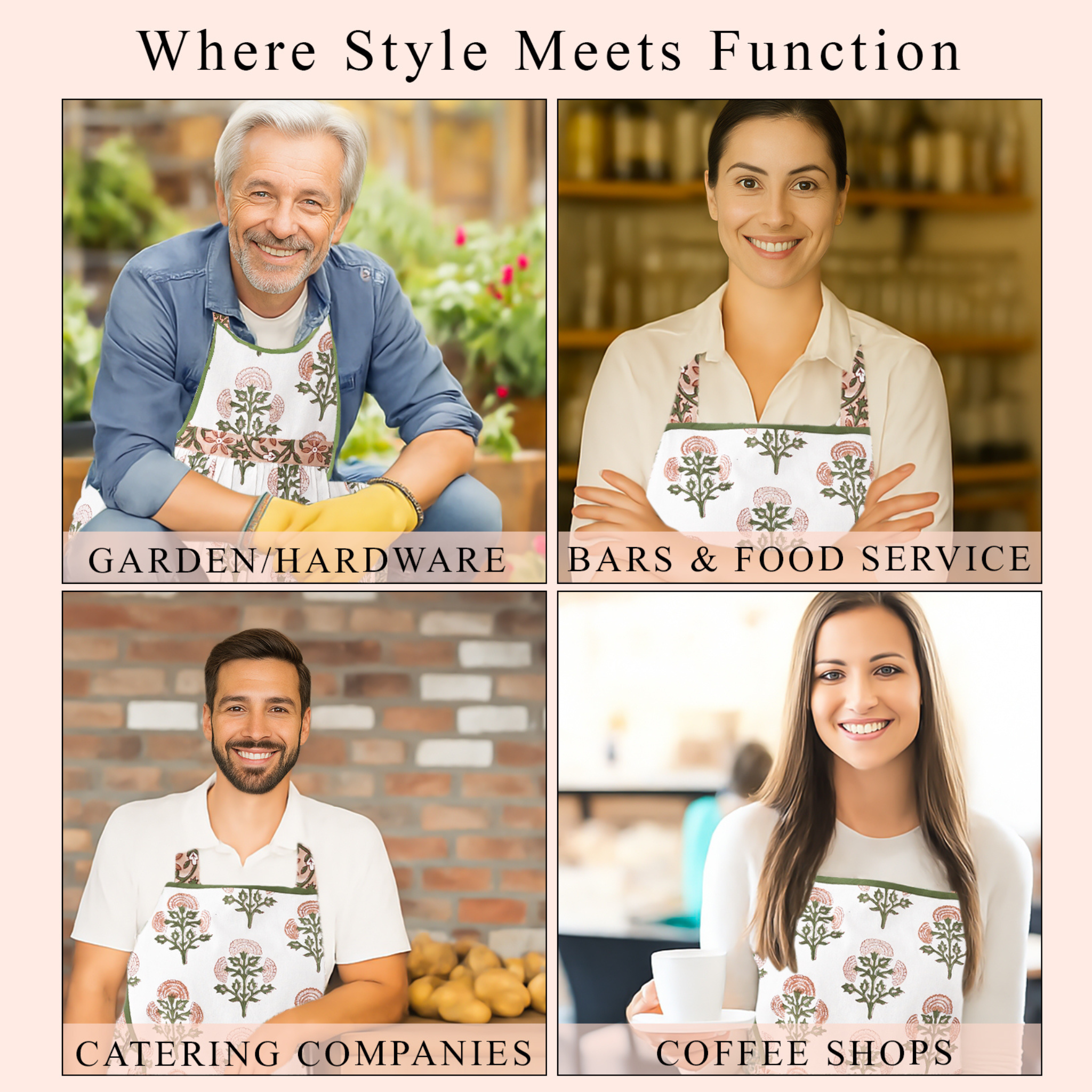 Four people wearing aprons with floral designs in different settings.