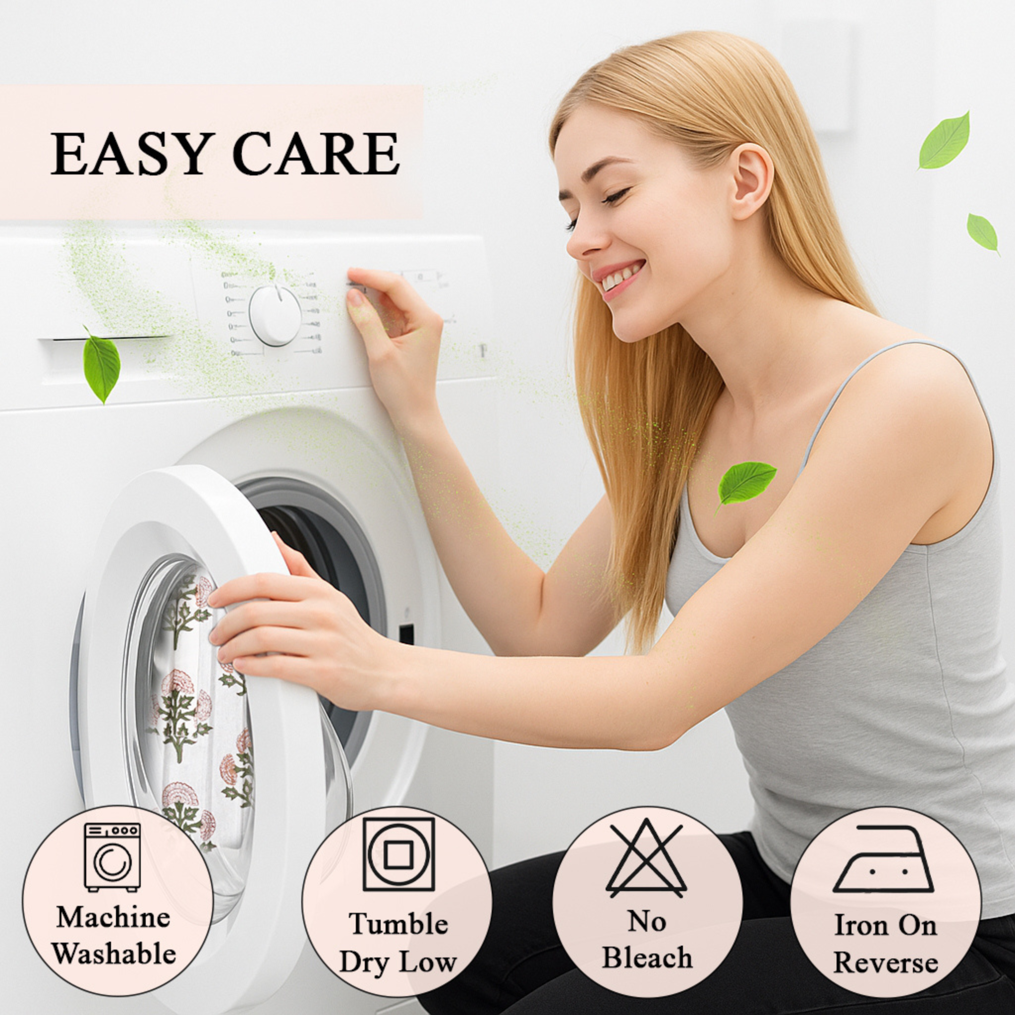 Woman interacting with a washing machine with 'Easy Care' text and icons.