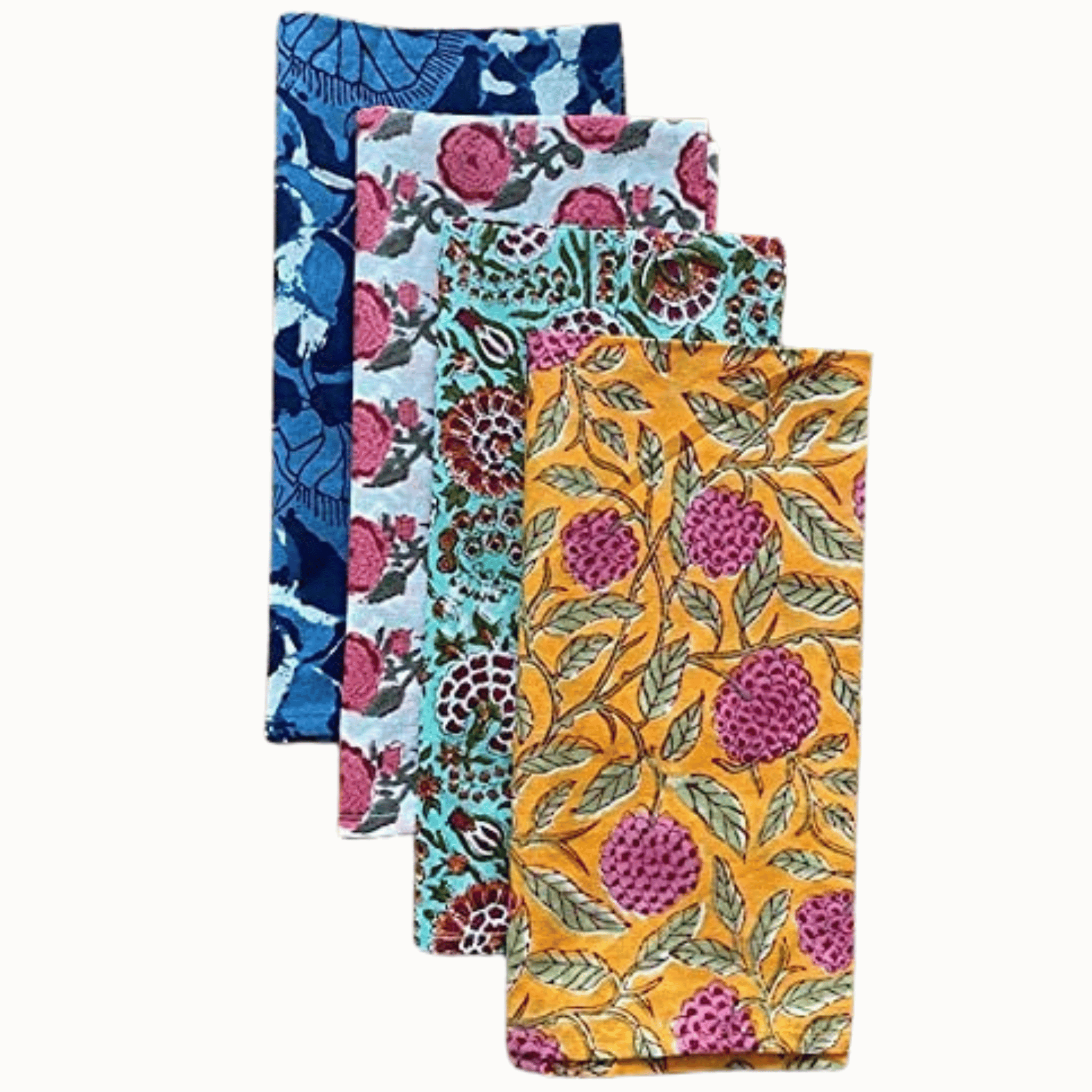 Set of four floral-patterned towels in blue, pink, and orange on a white background