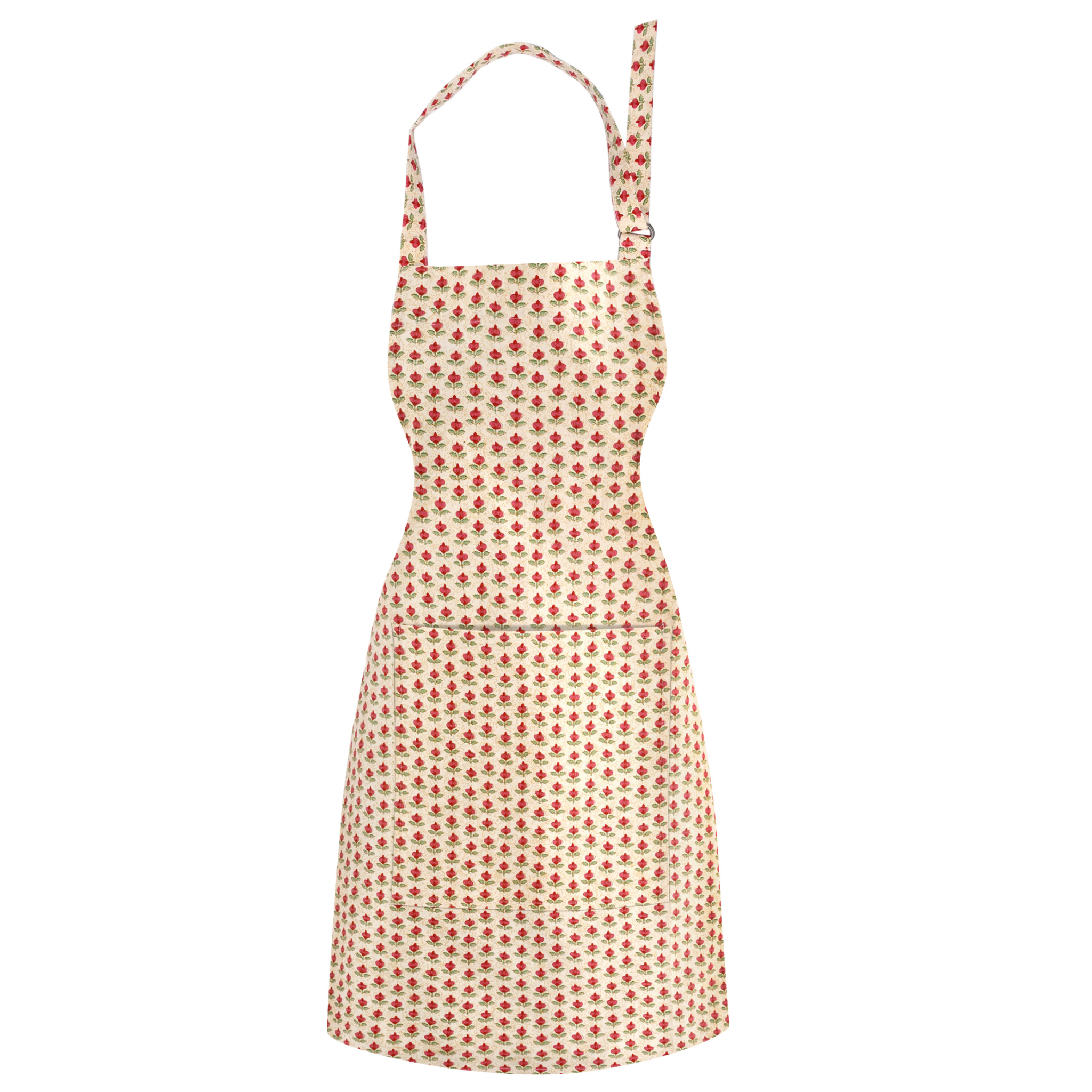 Red and white patterned apron on a white background
