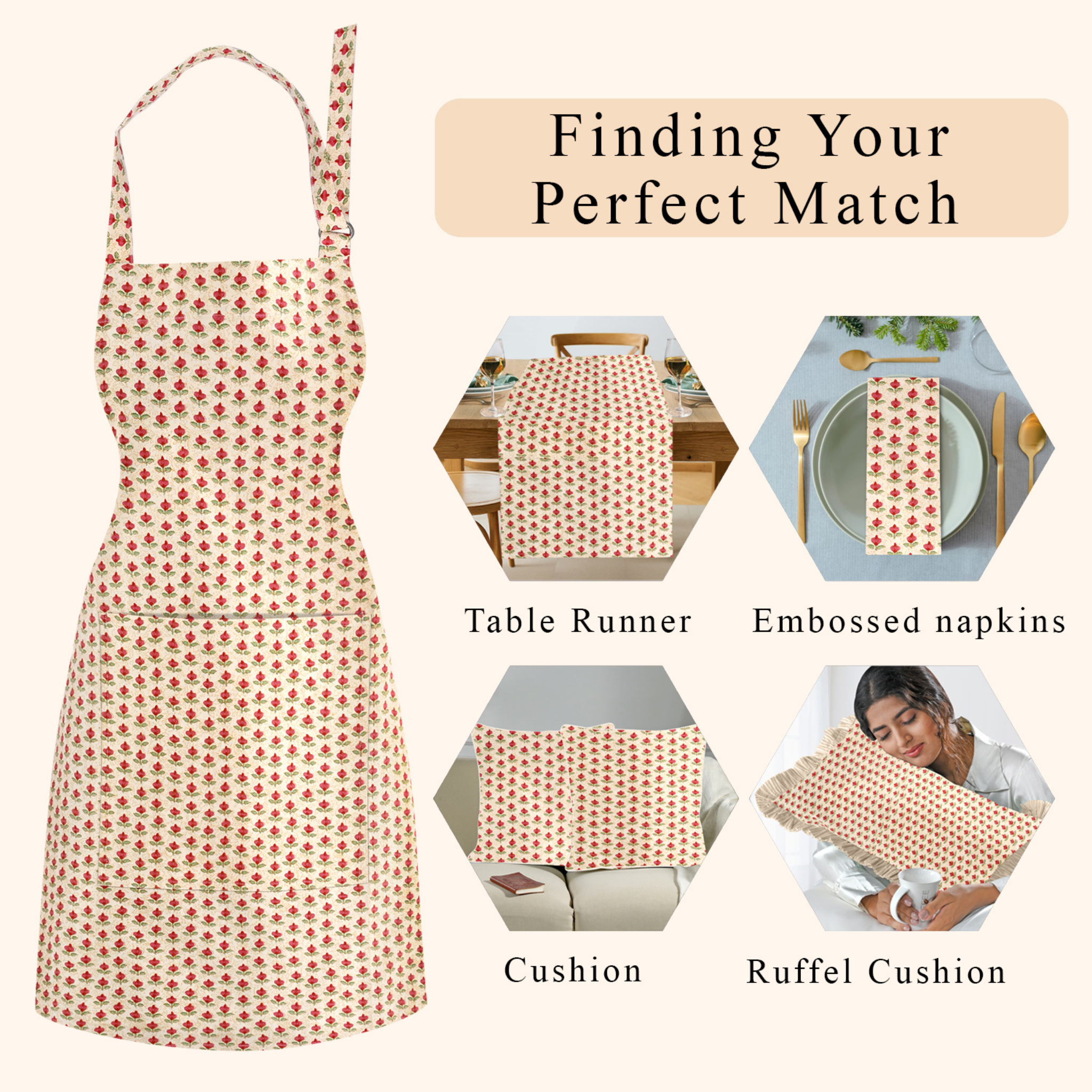 Product display of a patterned apron with matching table runner, napkins, cushion, and ruffel cushion on a white background.