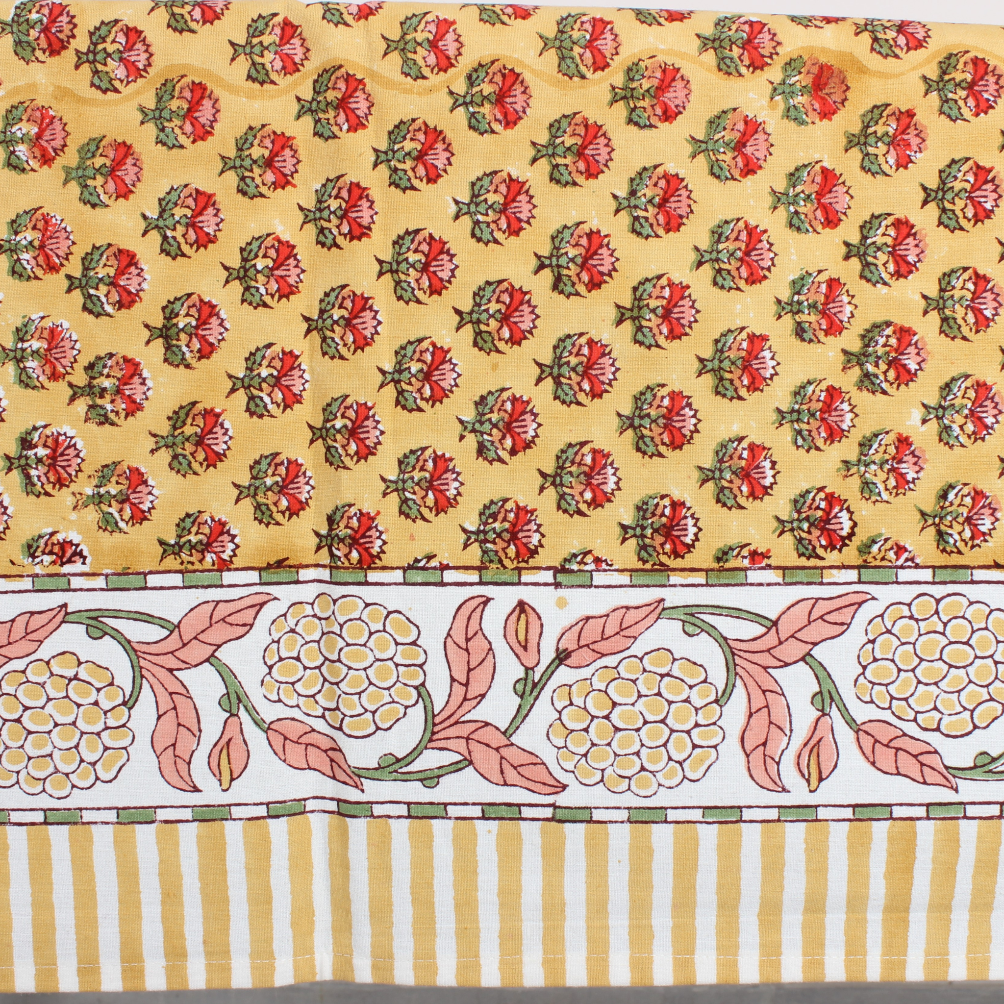 Floral and striped fabric pattern on a yellow background