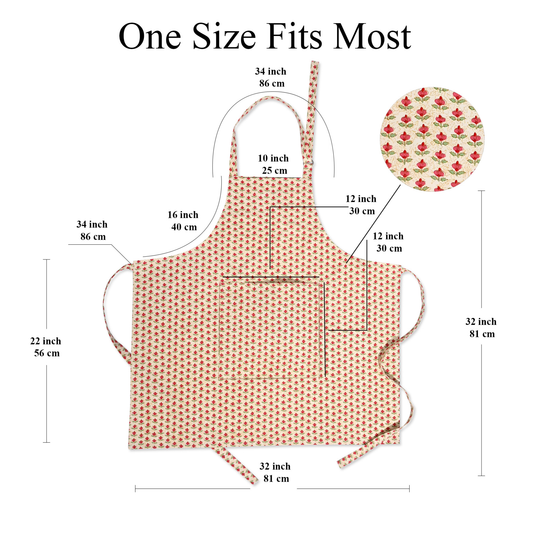 Measurement chart of a patterned apron with dimensions labeled.
