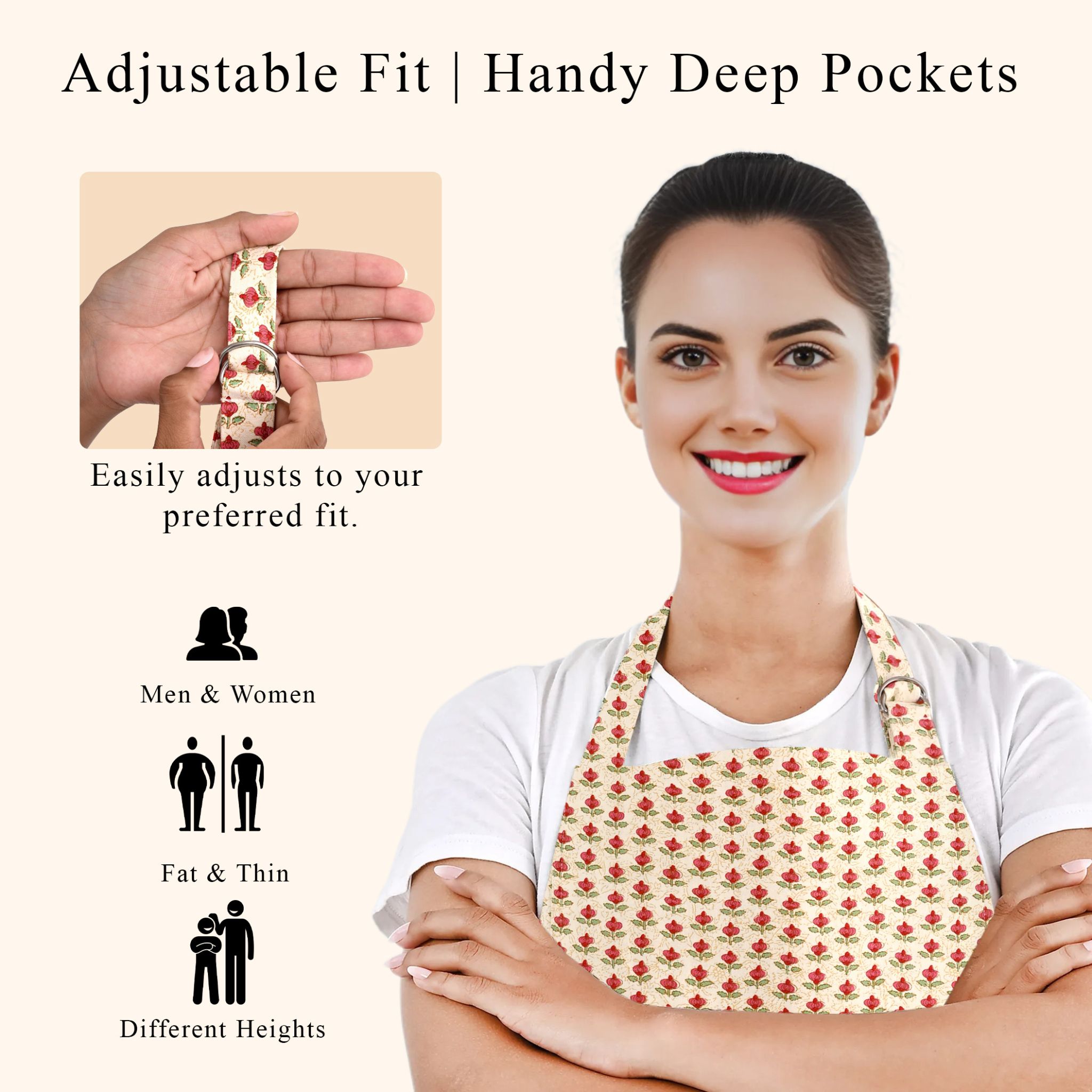Woman wearing a patterned apron with text highlighting adjustable fit and deep pockets.