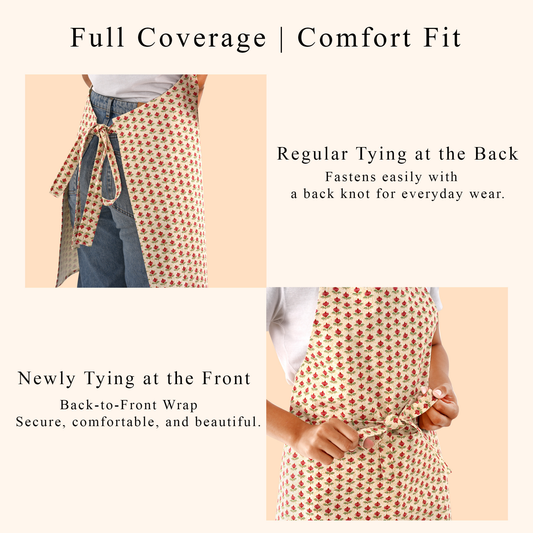 Person wearing a patterned apron with text describing apron features on a beige background