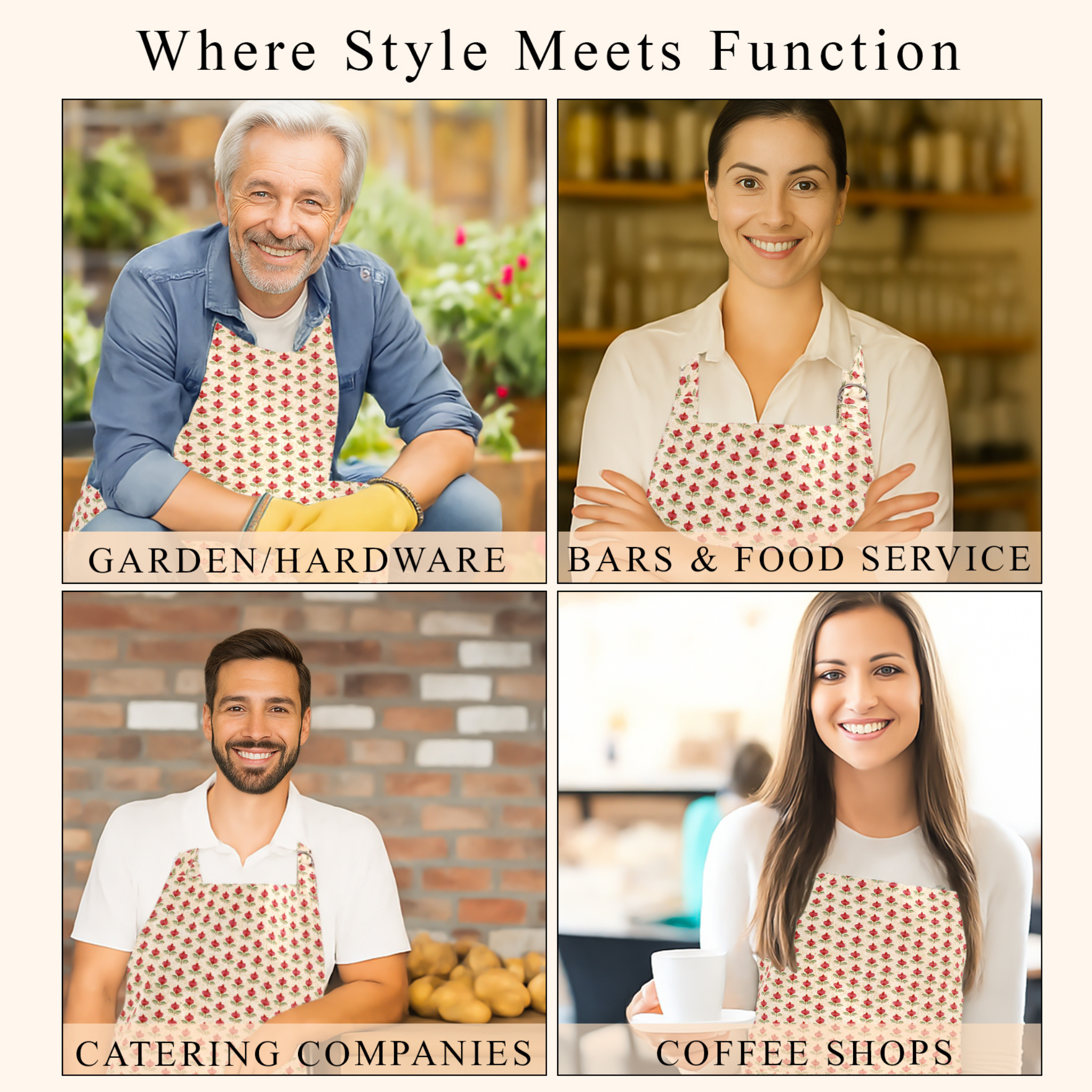 Collage of people wearing aprons in various settings with text indicating use cases.