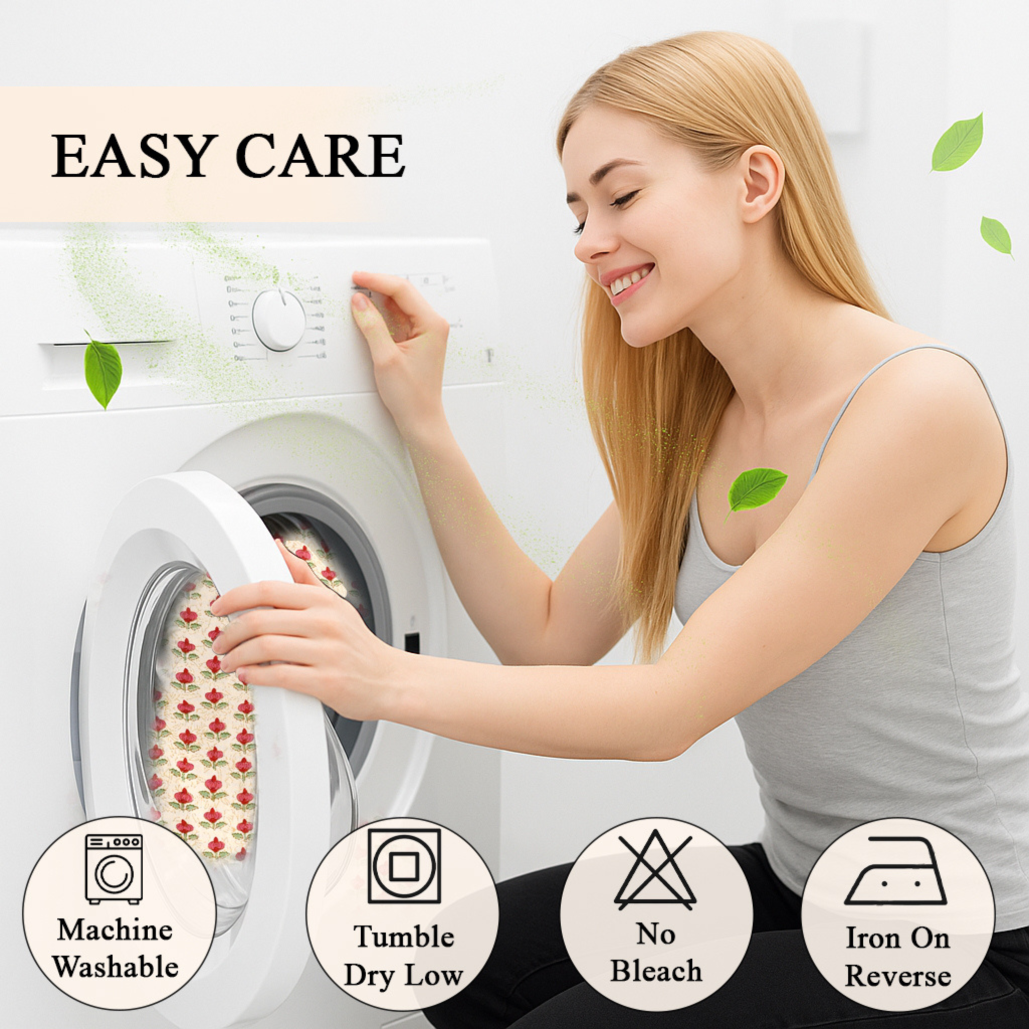 Woman interacting with a washing machine with text 'EASY CARE' and laundry care symbols.