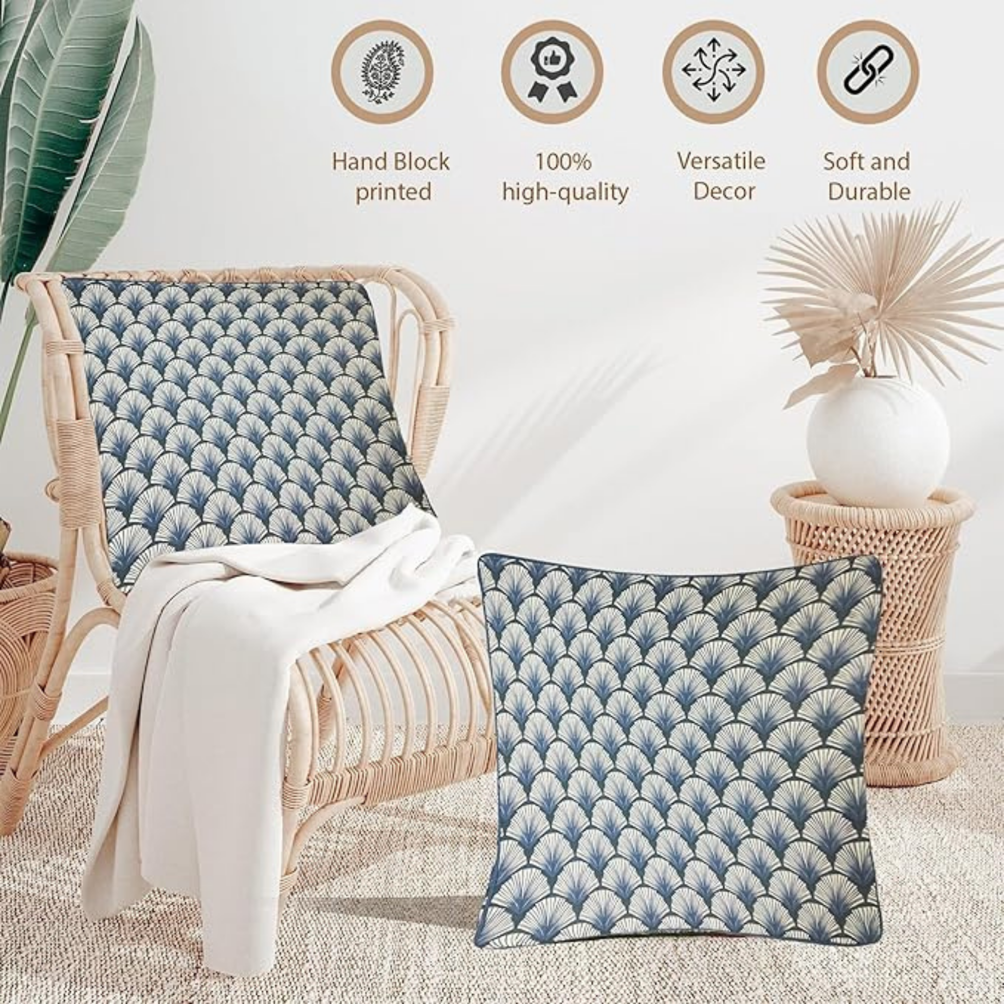 Decorative pillows with a blue pattern on a chair and table, with product features displayed.