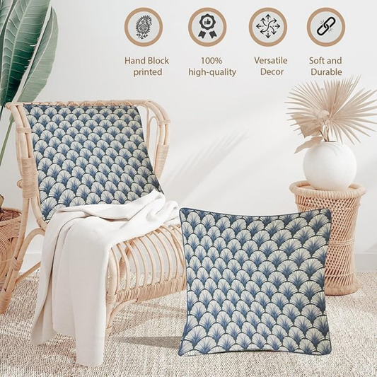 Decorative pillows with a blue pattern on a chair and table, with product features displayed.