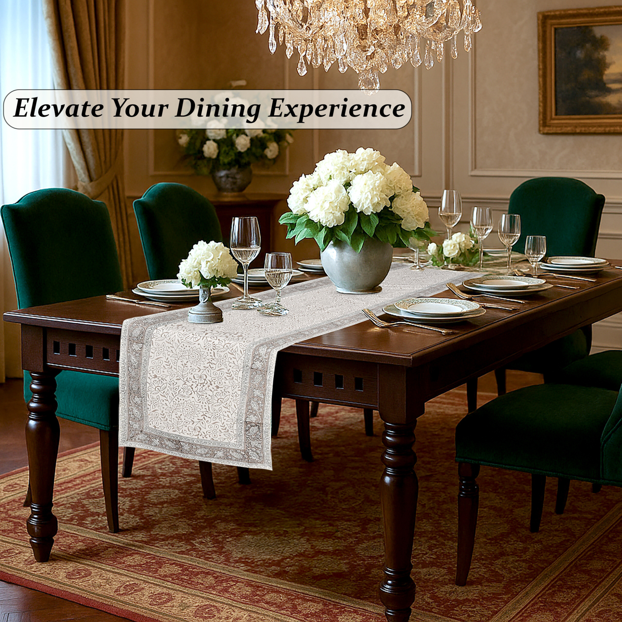 Dining room with a set table, flowers, and a chandelier, promoting an elevated dining experience.