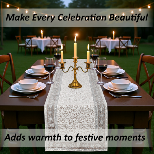 Dining table set for a celebration with candles and a lace runner, text overlay about making celebrations beautiful.