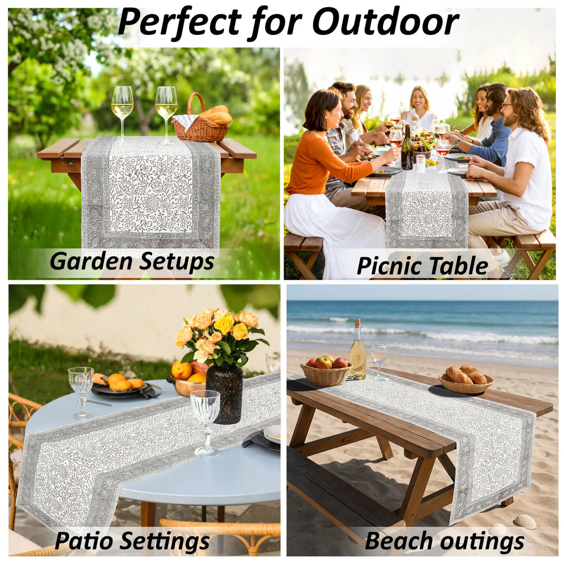Table runner used in various outdoor settings including garden, picnic table, patio, and beach.
