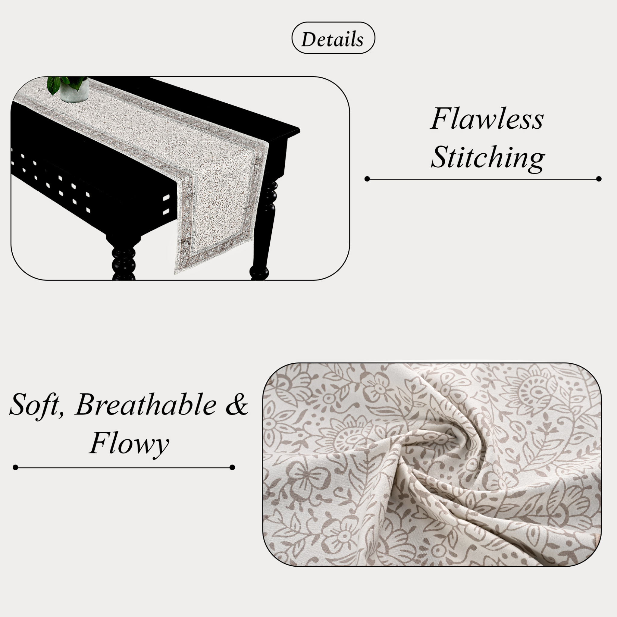 Textured fabric on a table with 'Flawless Stitching' and 'Soft, Breathable & Flowy' text.