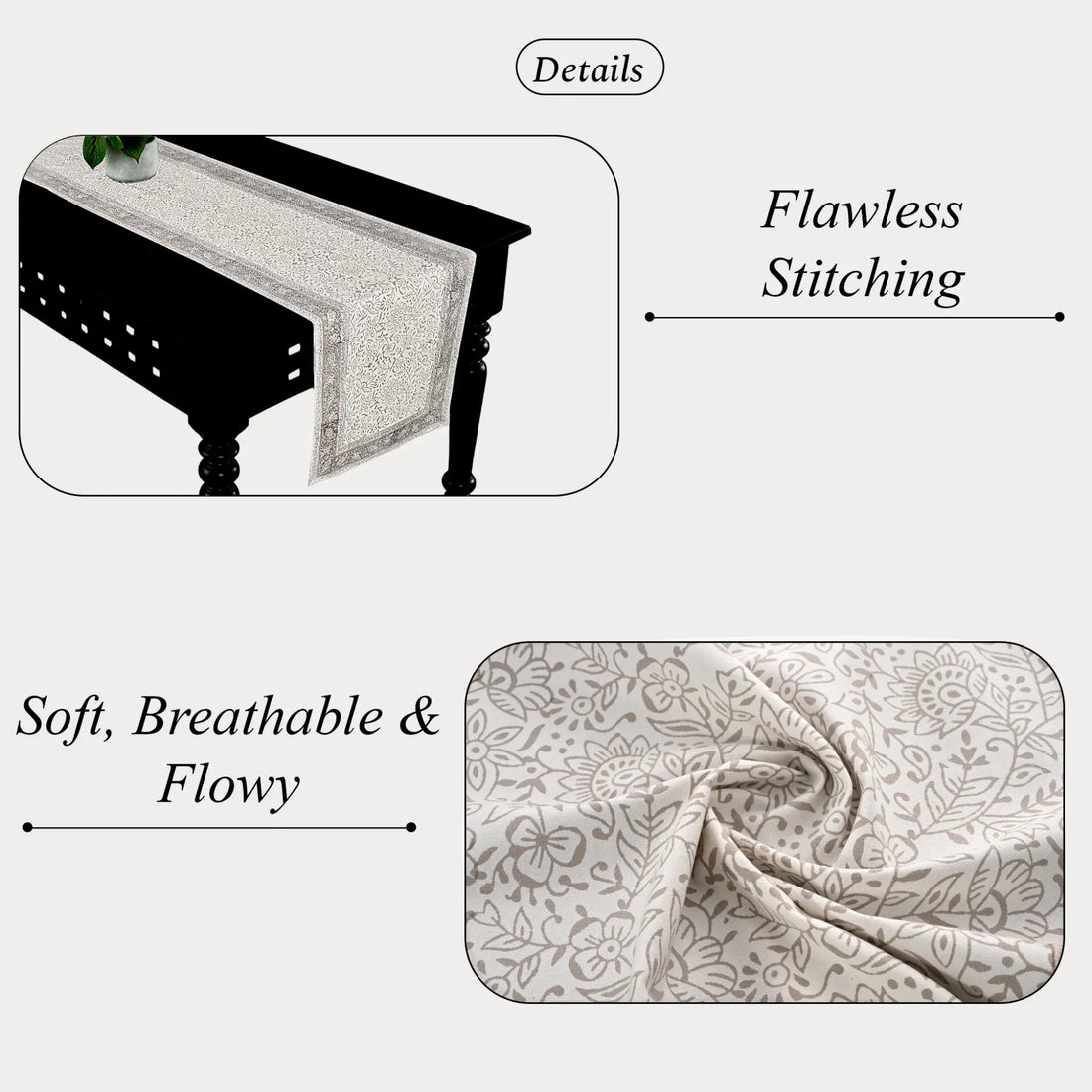 Textured fabric on a table with 'Flawless Stitching' and 'Soft, Breathable & Flowy' text.