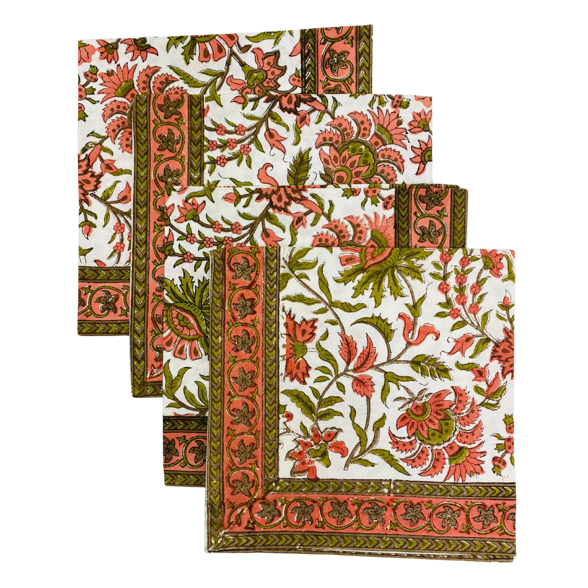 pink and green cotton napkins laying on top of each other on white background