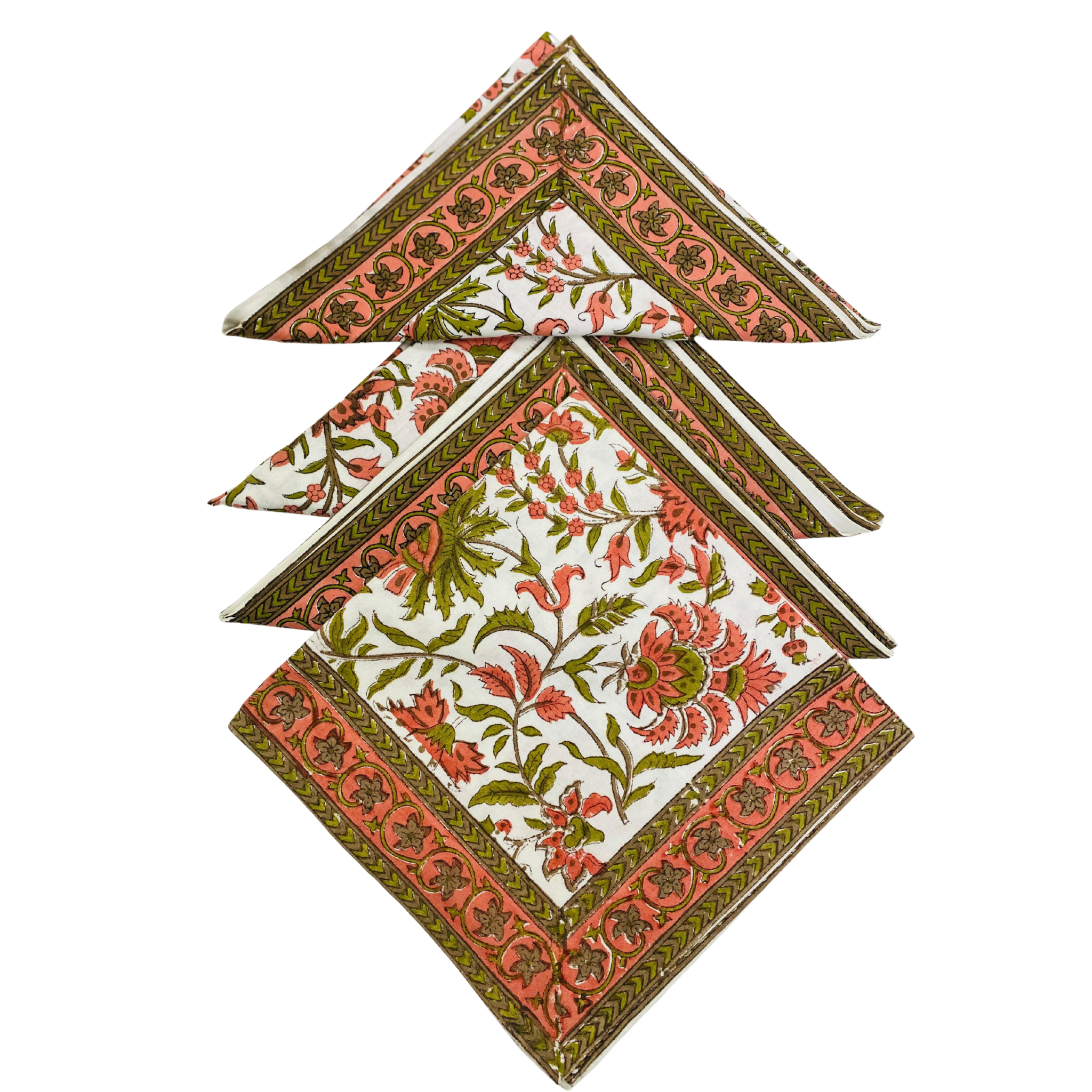 Set of four floral patterned napkins on a white background