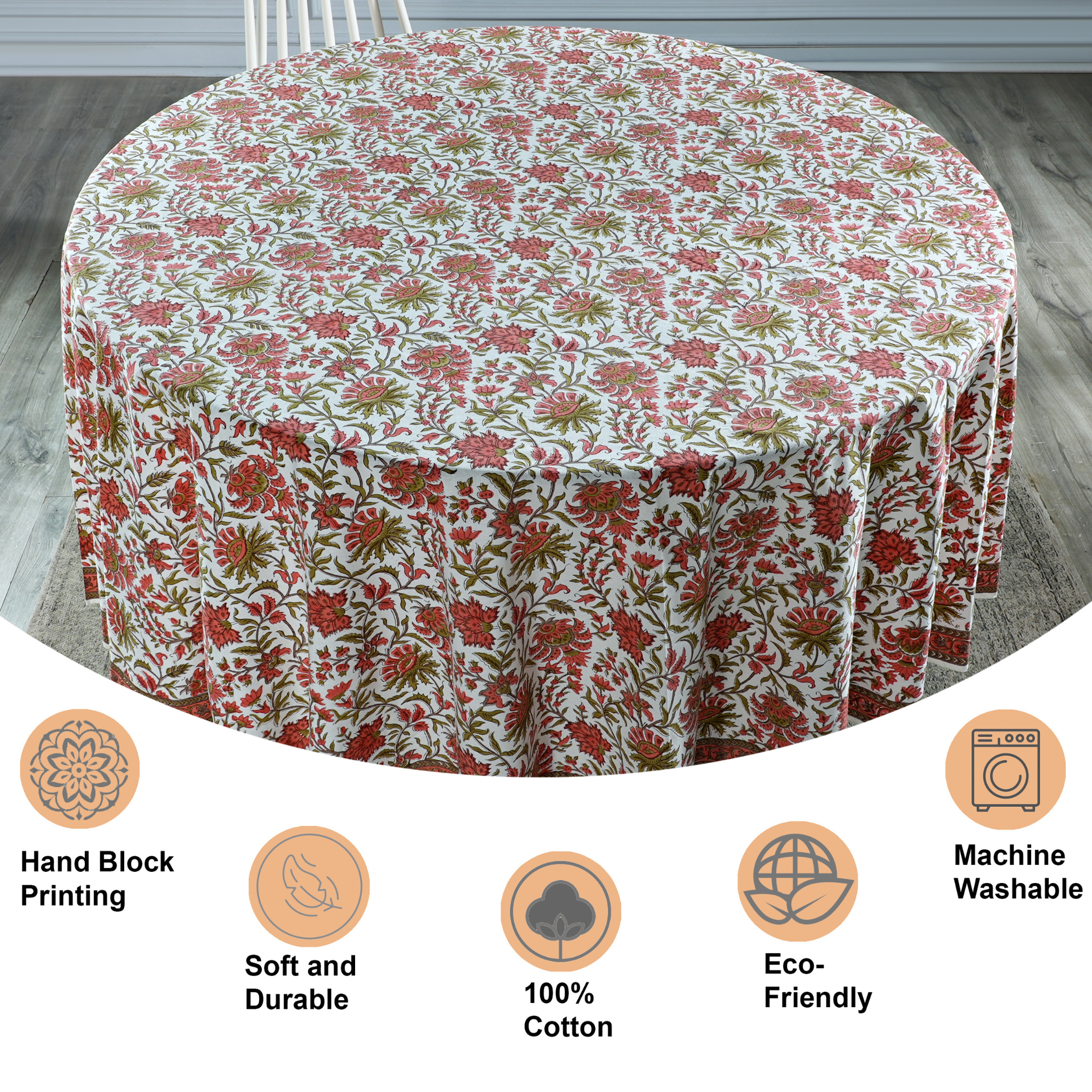 Floral patterned tablecloth on a round table with features listed below.
