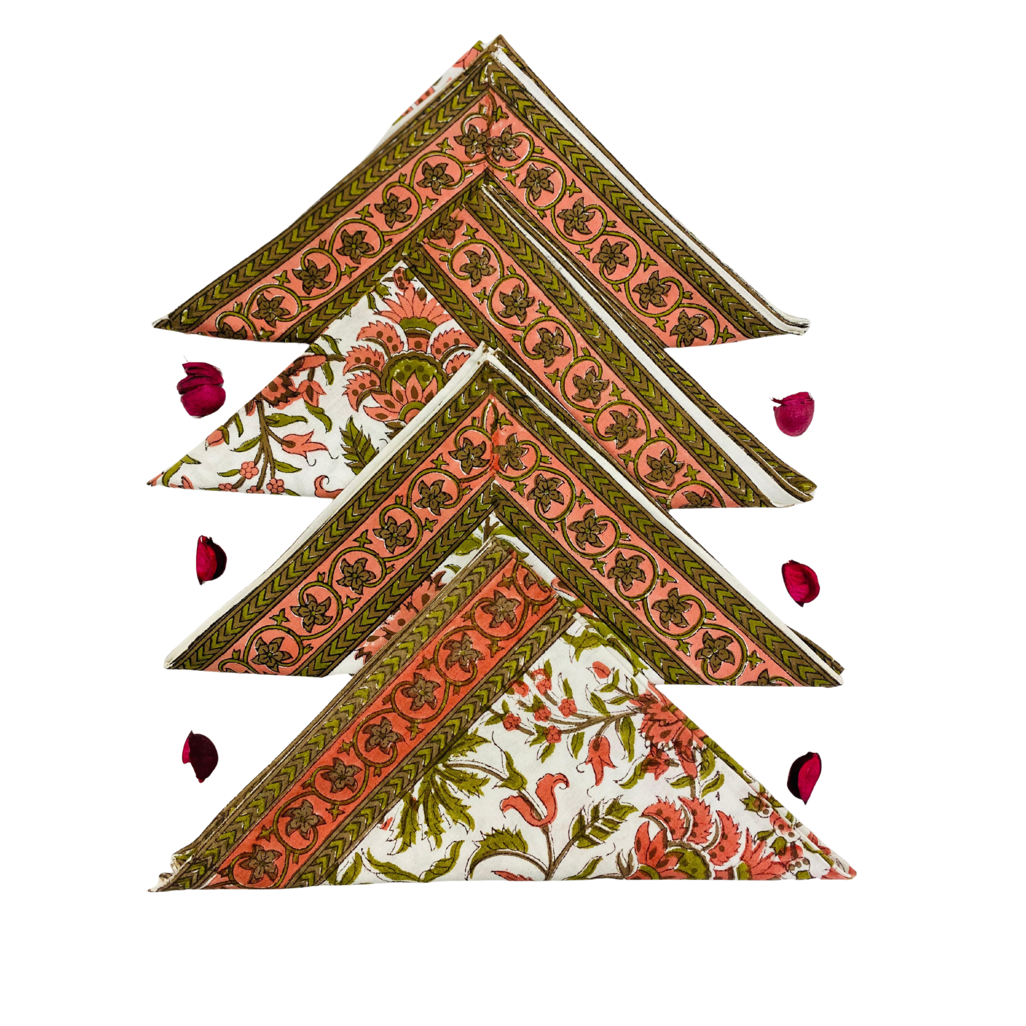 Set of triangular fabric coasters with floral patterns on a white background