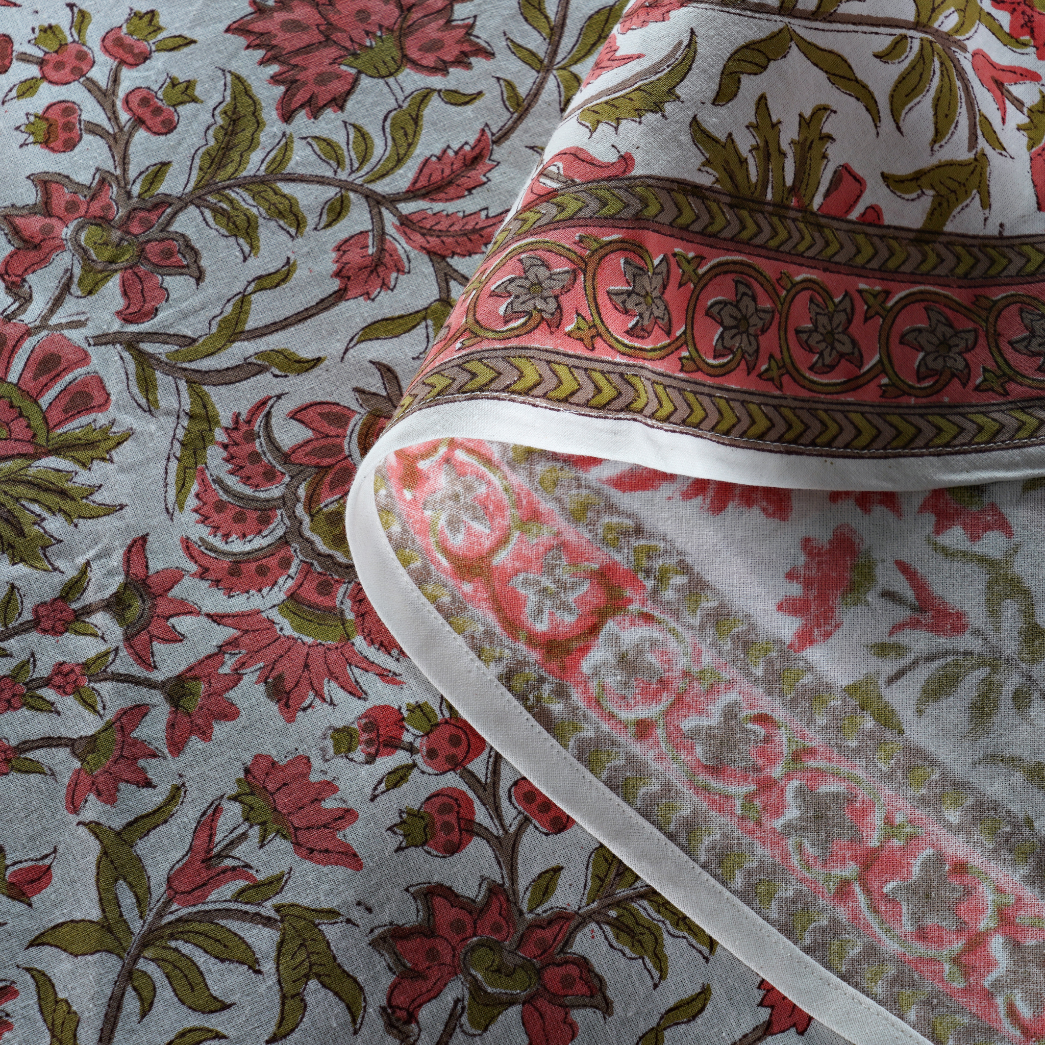 Close-up of floral fabric with a border design