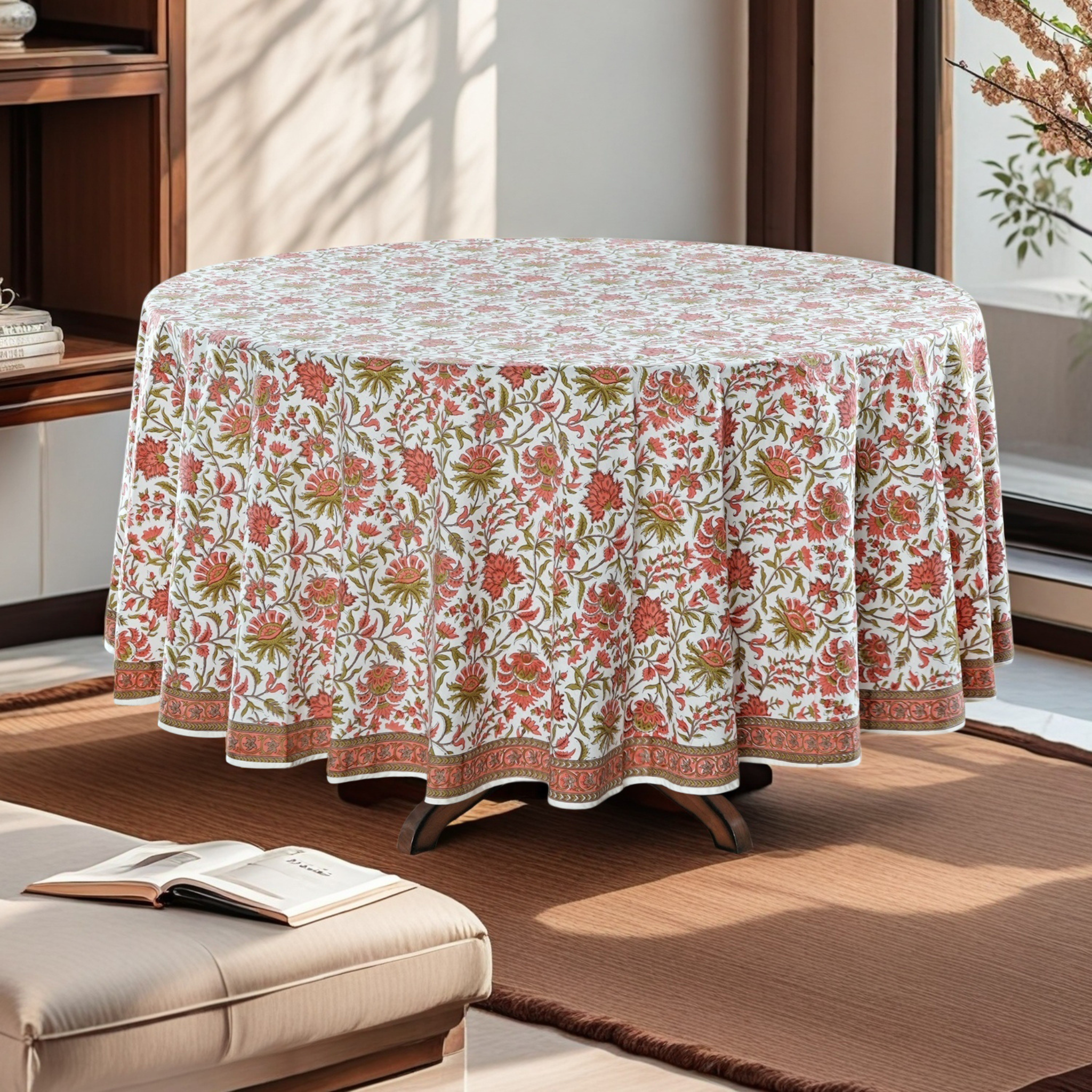 Round table with a floral patterned tablecloth in a living room setting.