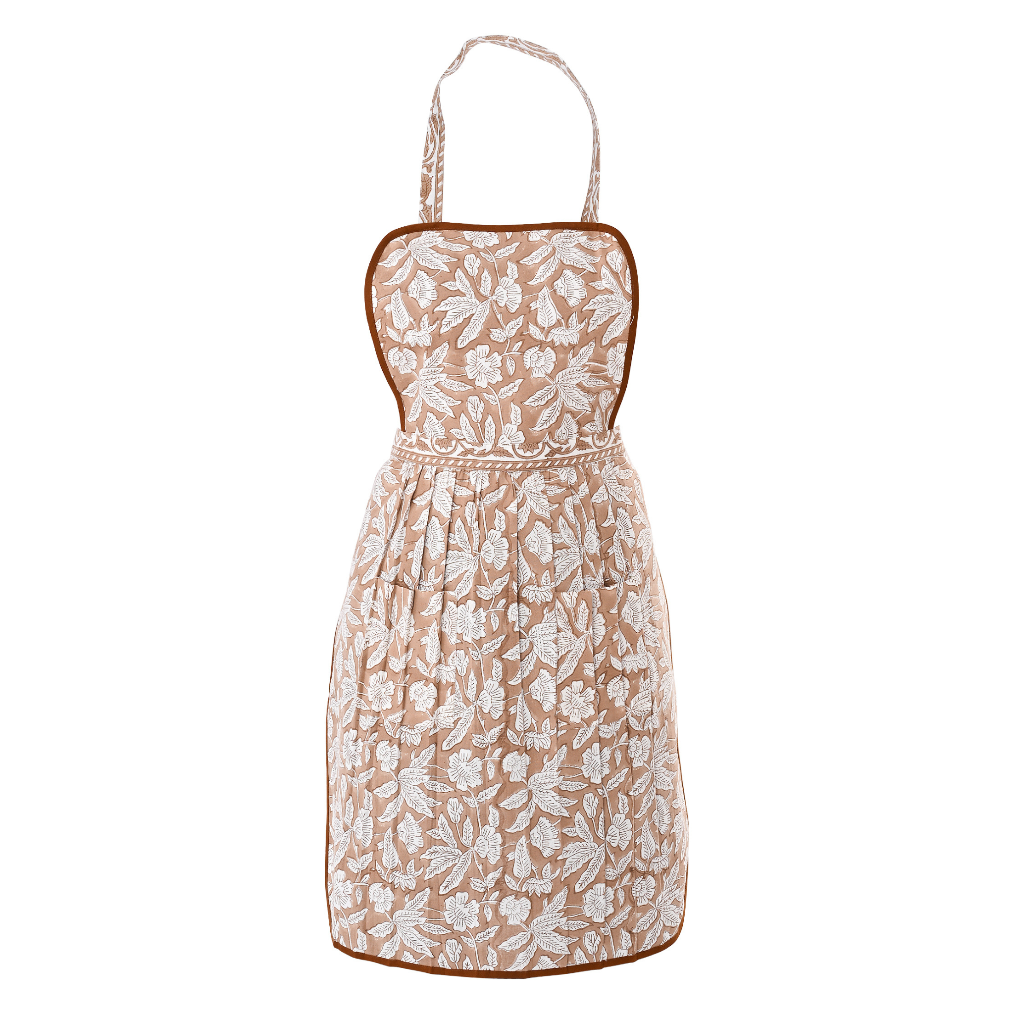 Floral dress with beige and white pattern on a white background