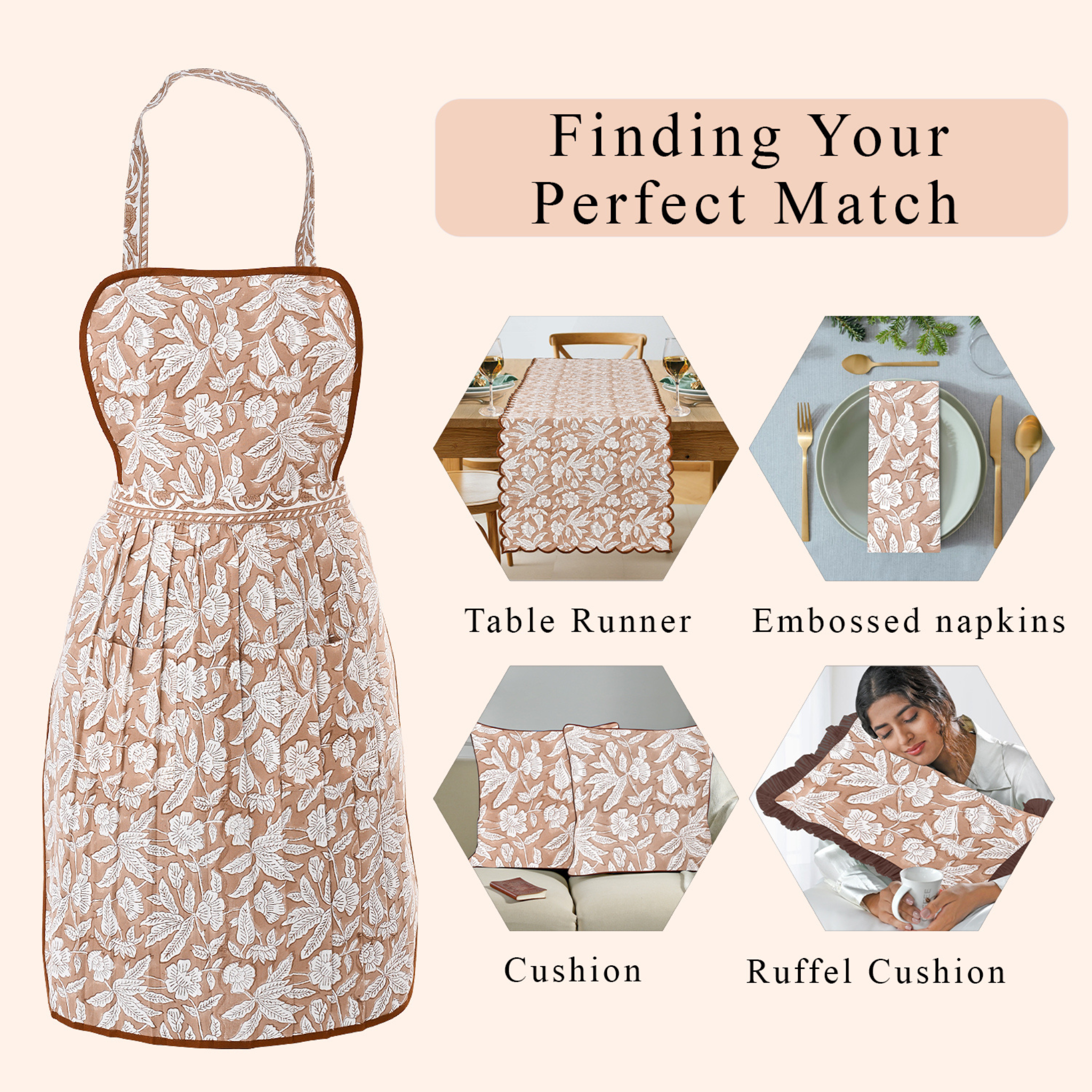 Floral dress with matching tableware and home decor items on a white background.