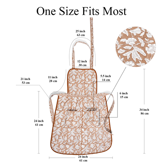 Floral apron with measurements on a white background