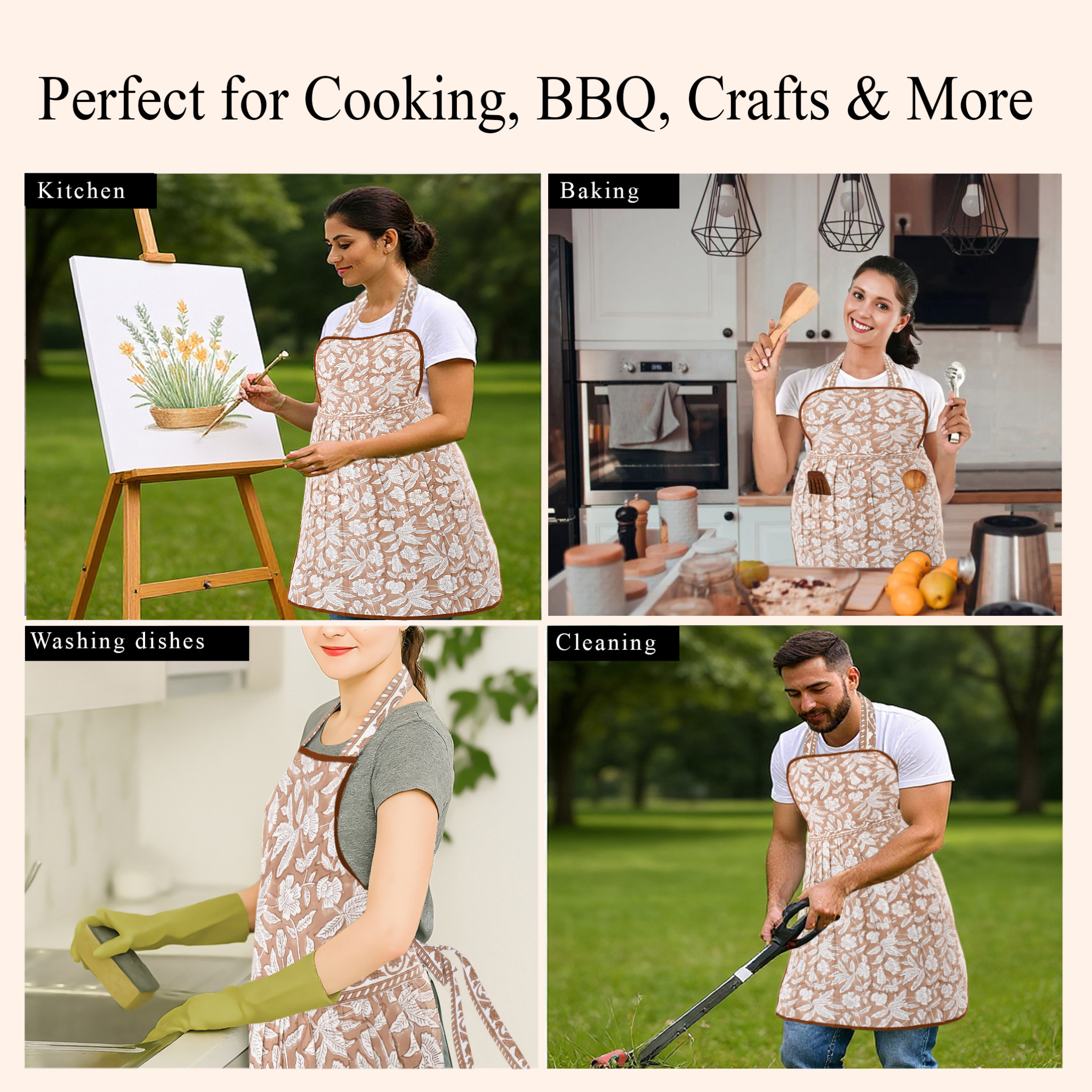 Collage of people wearing a floral apron in various activities like painting, baking, washing dishes, and cleaning.