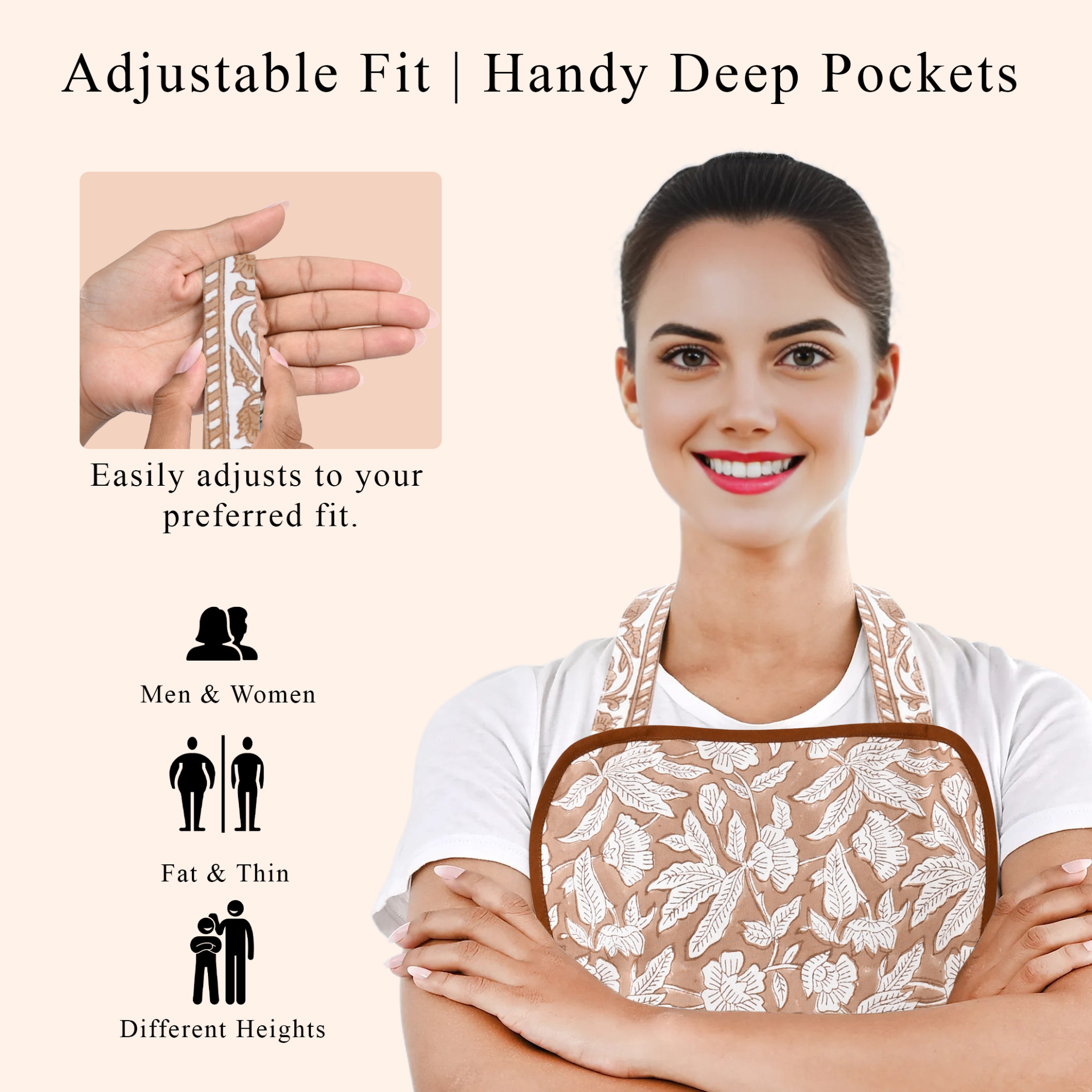 Woman holding a lace-patterned bag with text about adjustable fit and deep pockets.