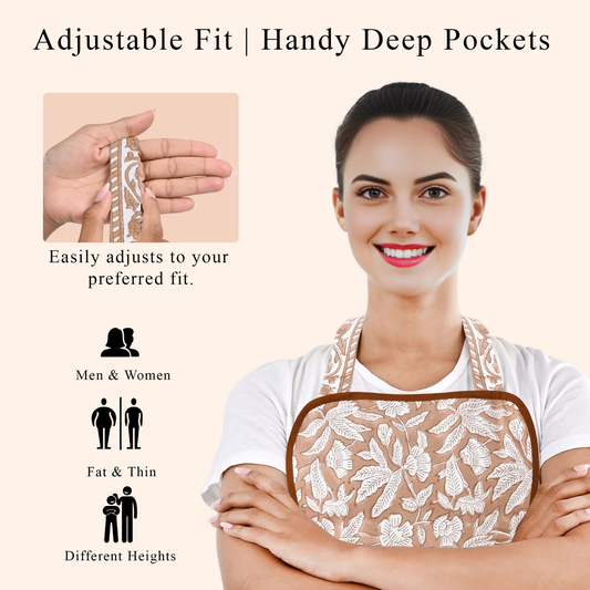 Woman holding a lace-patterned bag with text about adjustable fit and deep pockets.