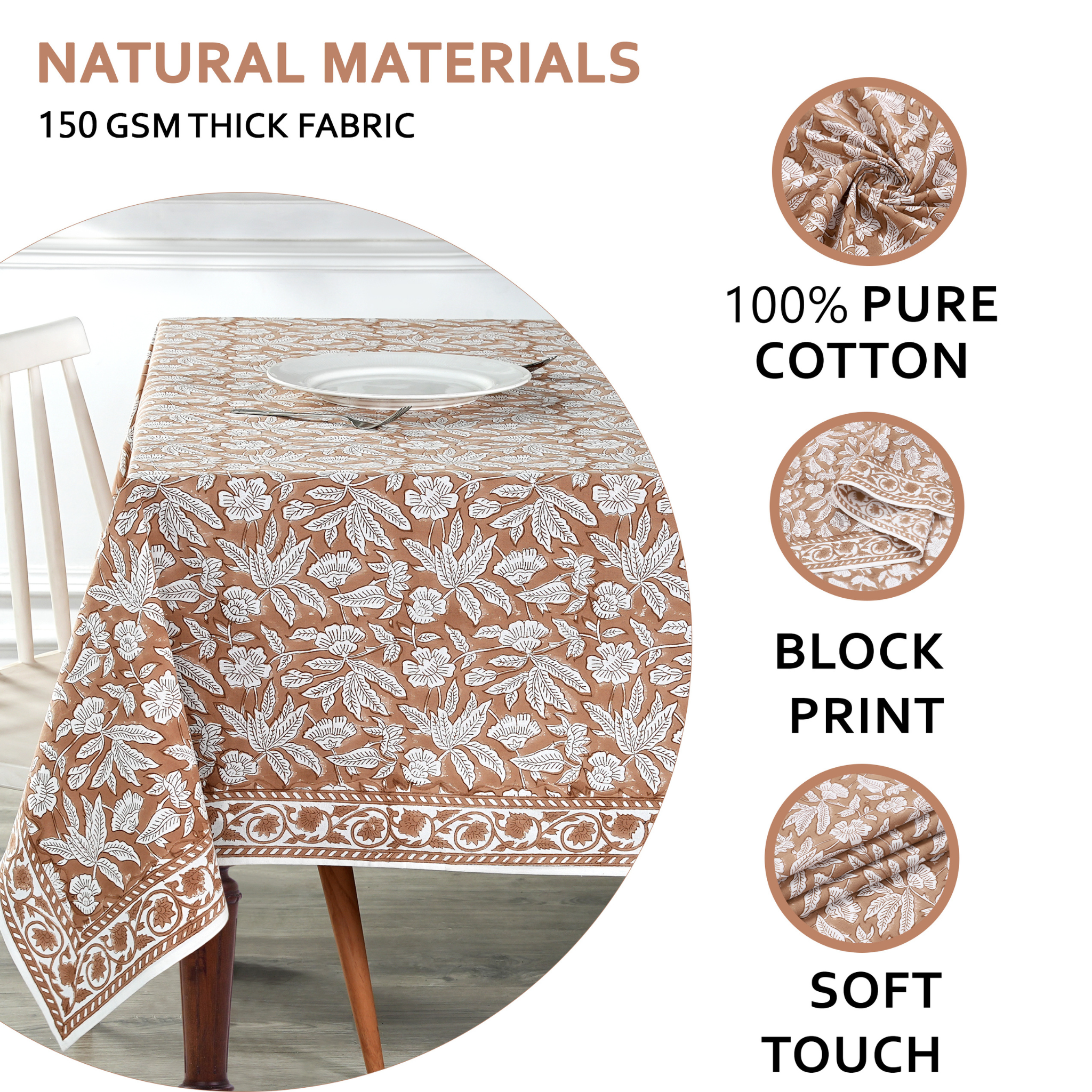 Tablecloth with floral pattern on a table, featuring text about natural materials and fabric details.