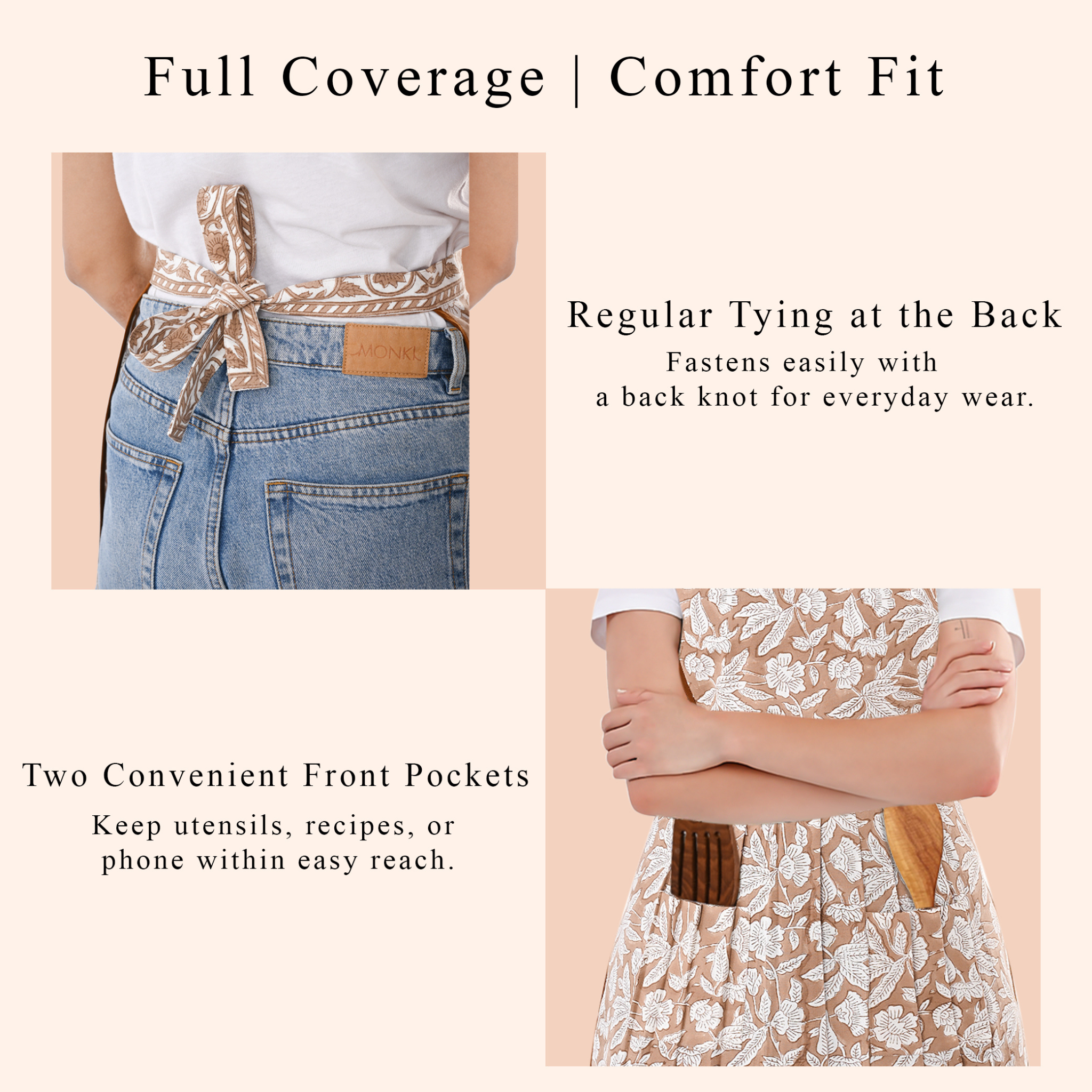 Belt with front pockets and tying feature on a person wearing jeans and a floral dress.