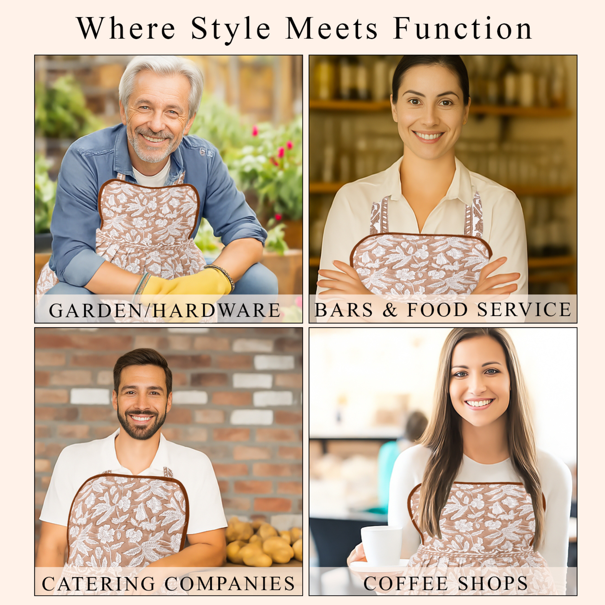 Collage of four people wearing aprons in different settings with text indicating use cases.