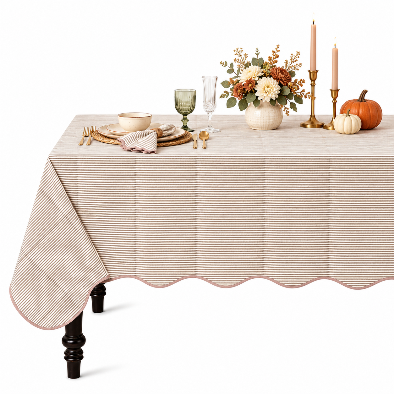 Block Print Cotton Scallop Tablecloth - Oatmeal Brown Stripe RIDHI