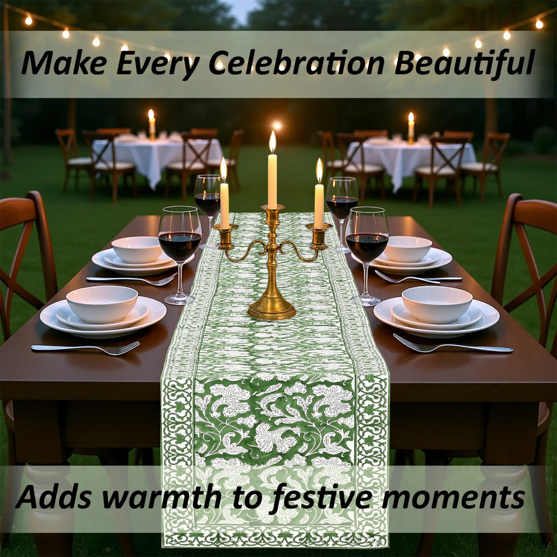 Dining table set for a celebration with candles and a decorative table runner.