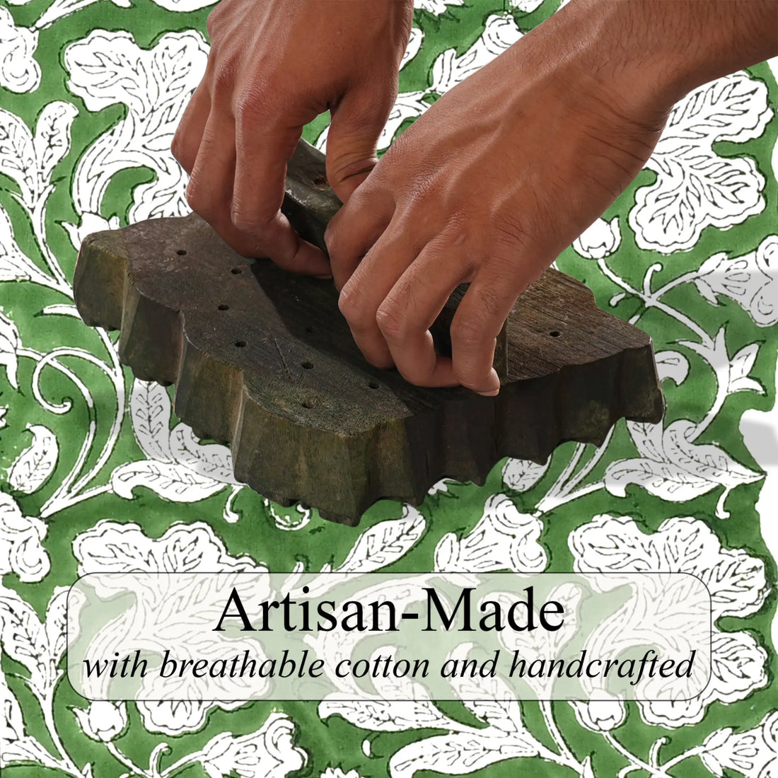 Hands using a wooden tool on a green and white patterned background with 'Artisan-Made' text.