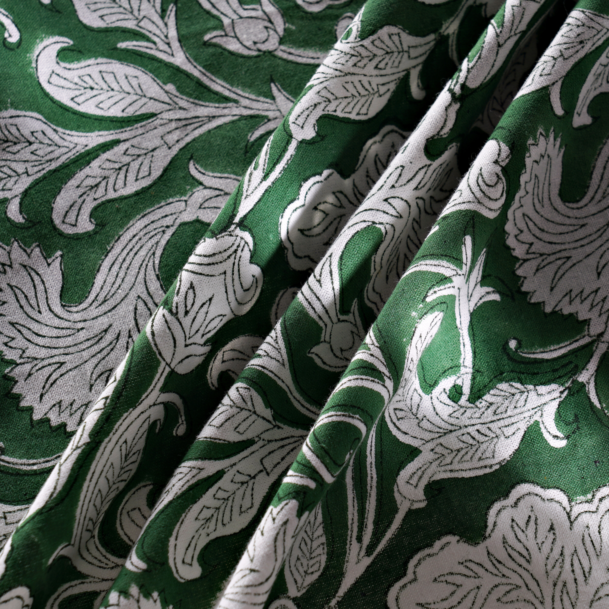 Close-up of green fabric with white floral patterns