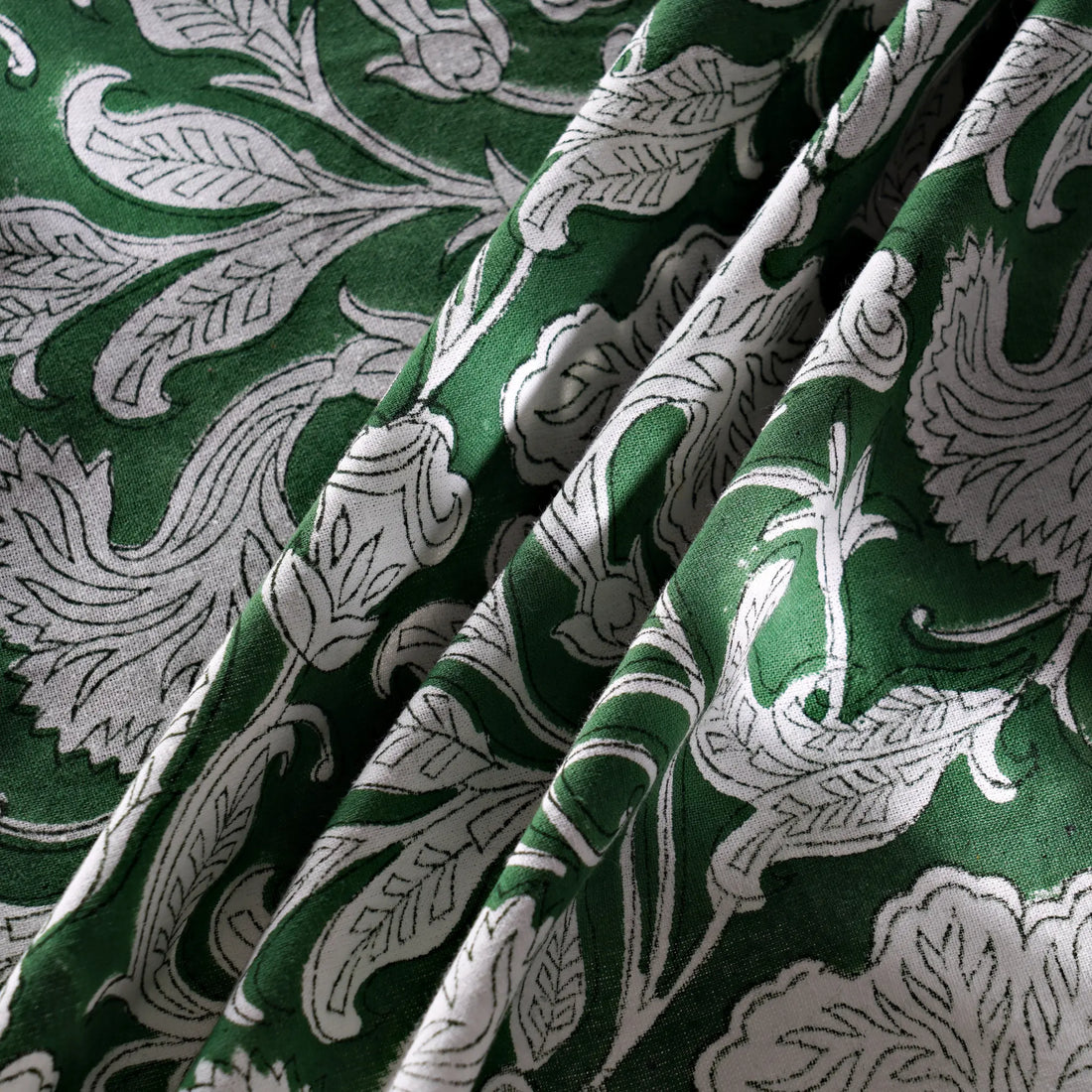 Close-up of green fabric with white floral patterns