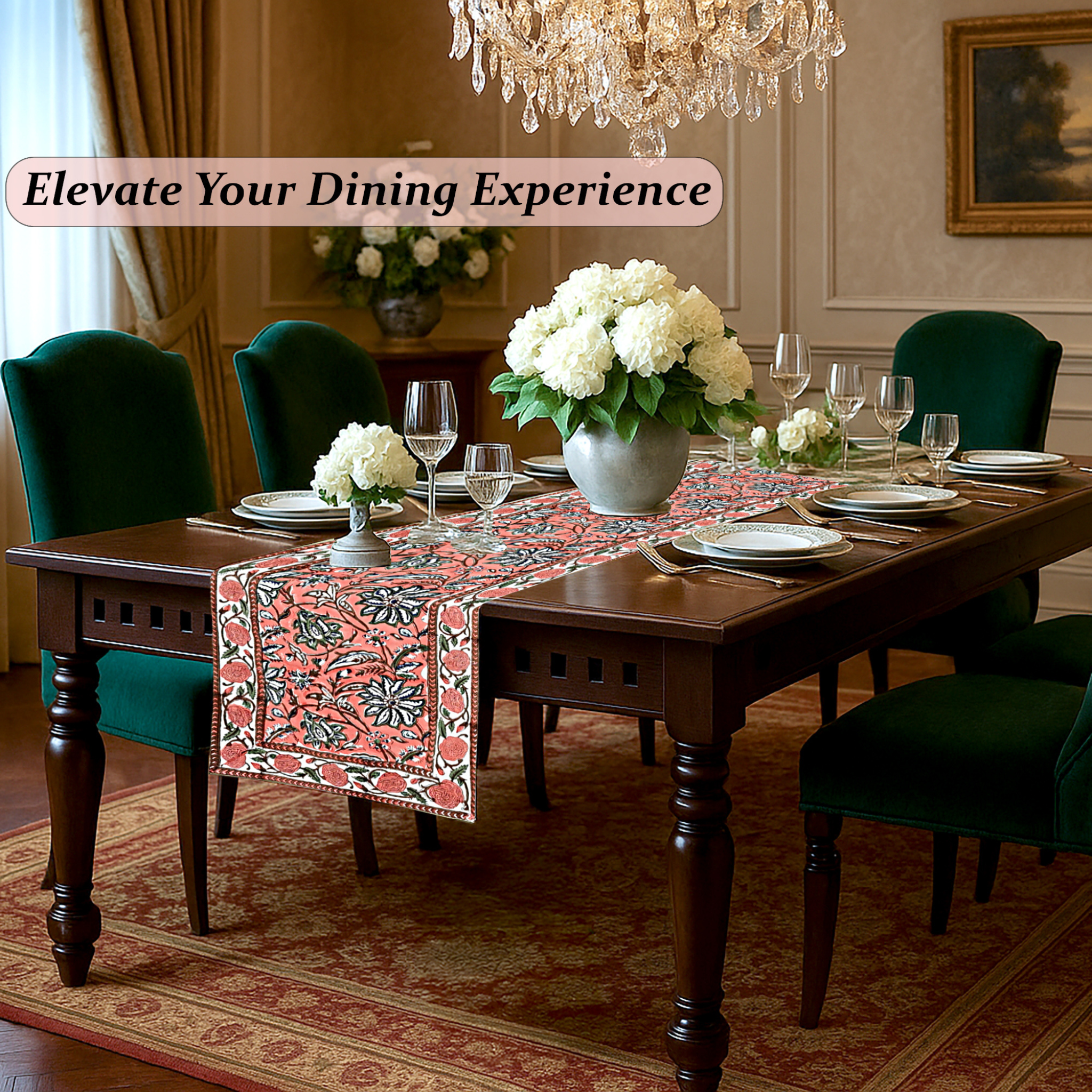 Dining room with a table set for dinner, floral centerpieces, and a chandelier.