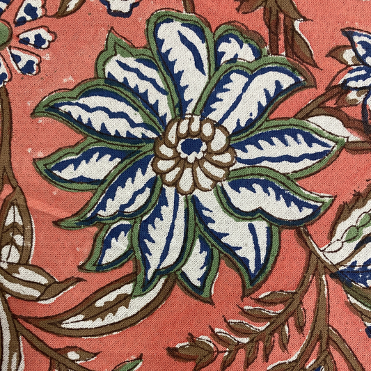 Close-up of a floral pattern with blue and green leaves on a red background