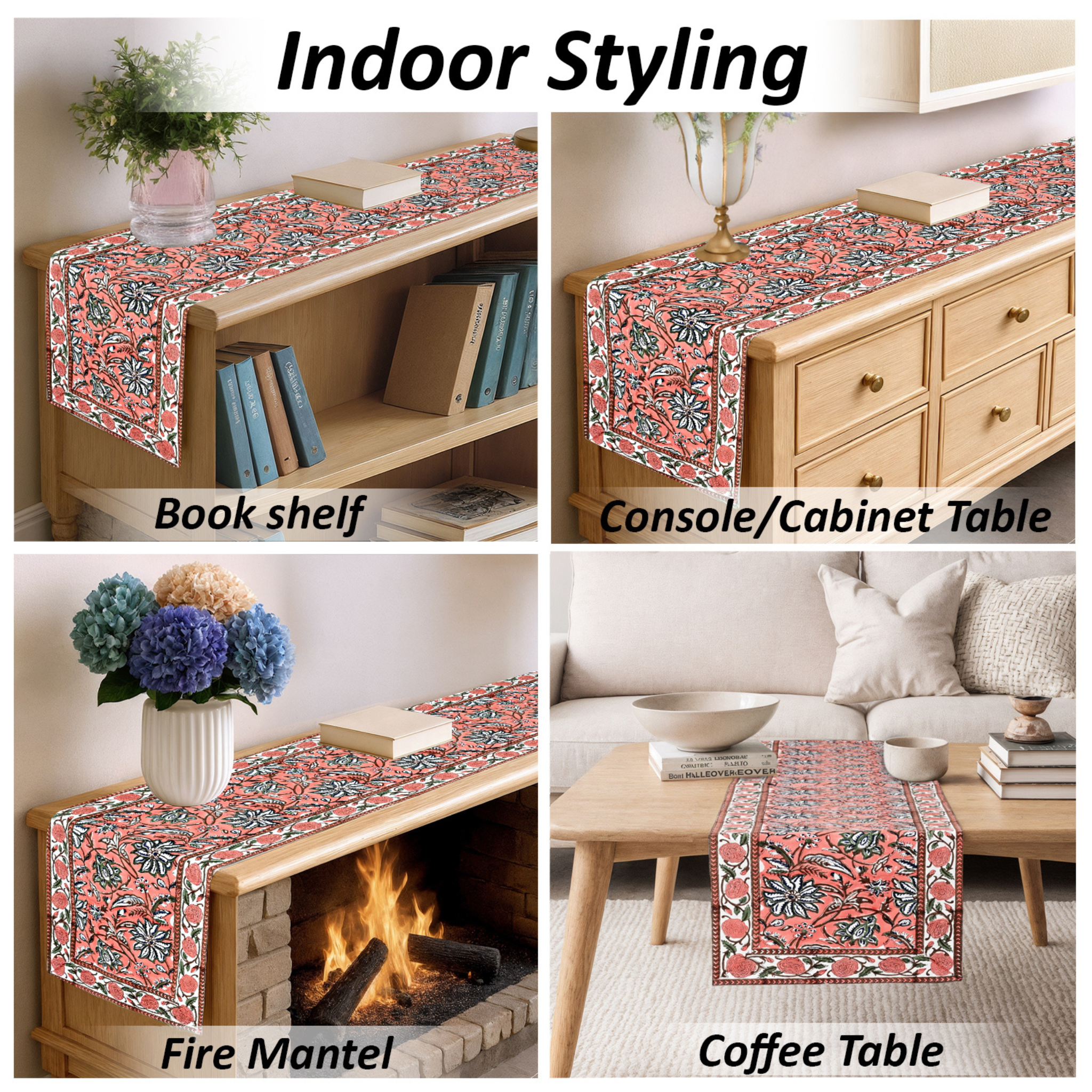 Collage of a floral table runner used on various furniture pieces including a bookshelf, console cabinet, fire mantel, and coffee table.