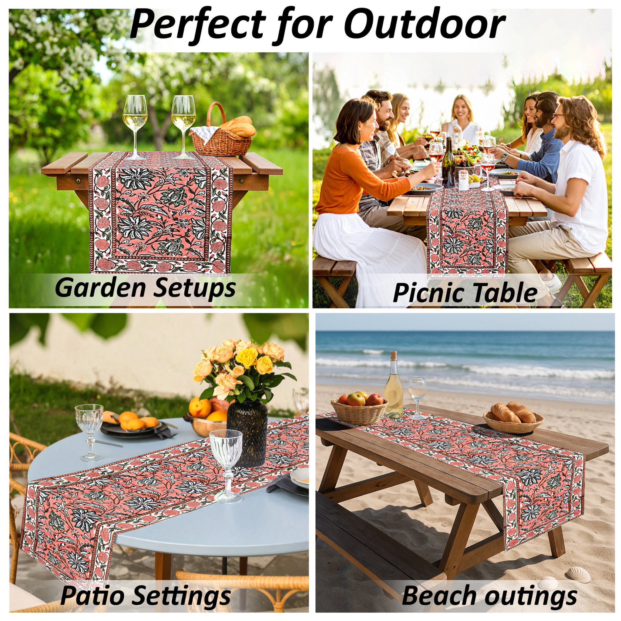 Collage of outdoor settings with a floral tablecloth, including garden, picnic, patio, and beach scenes.