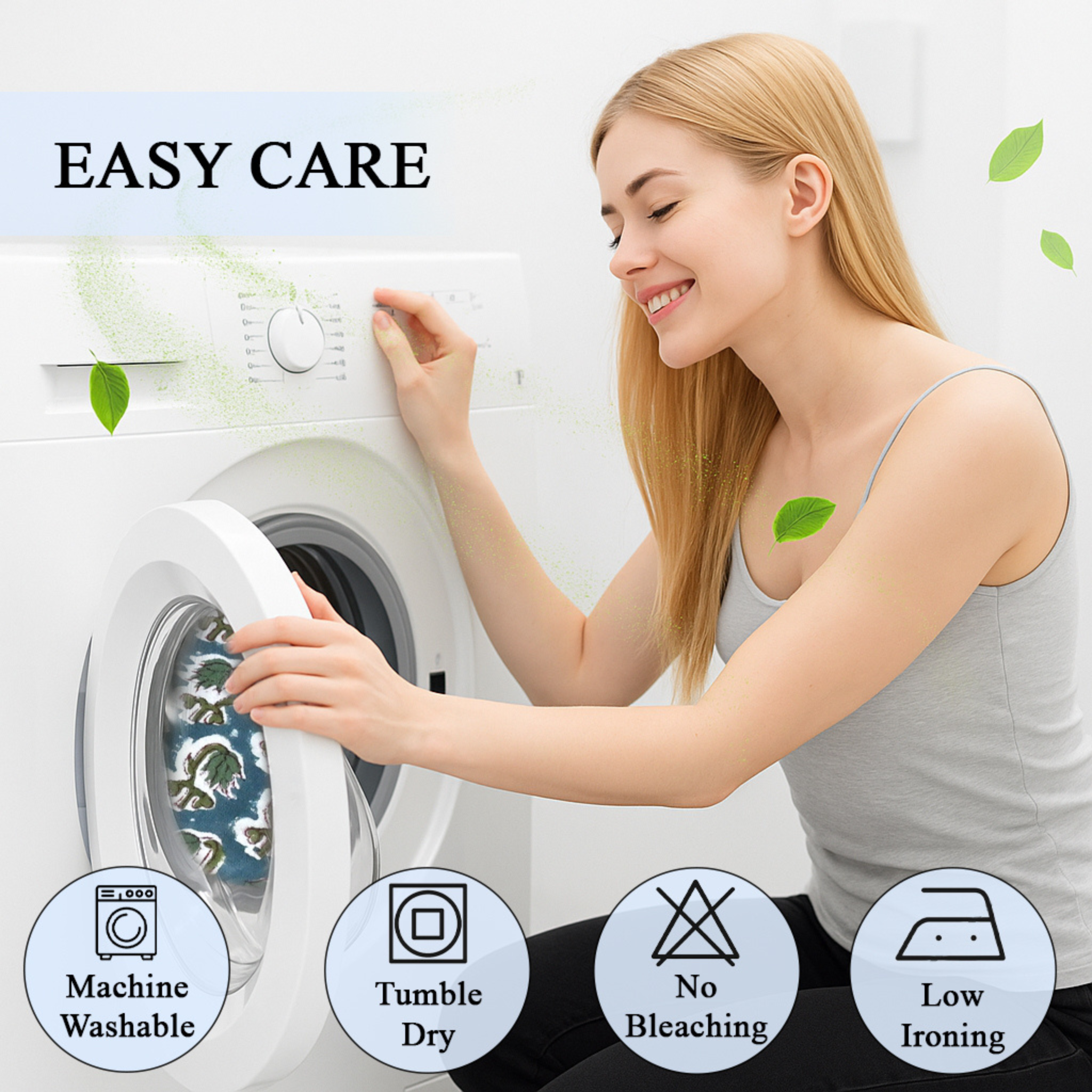 Woman interacting with a washing machine with icons indicating care instructions.