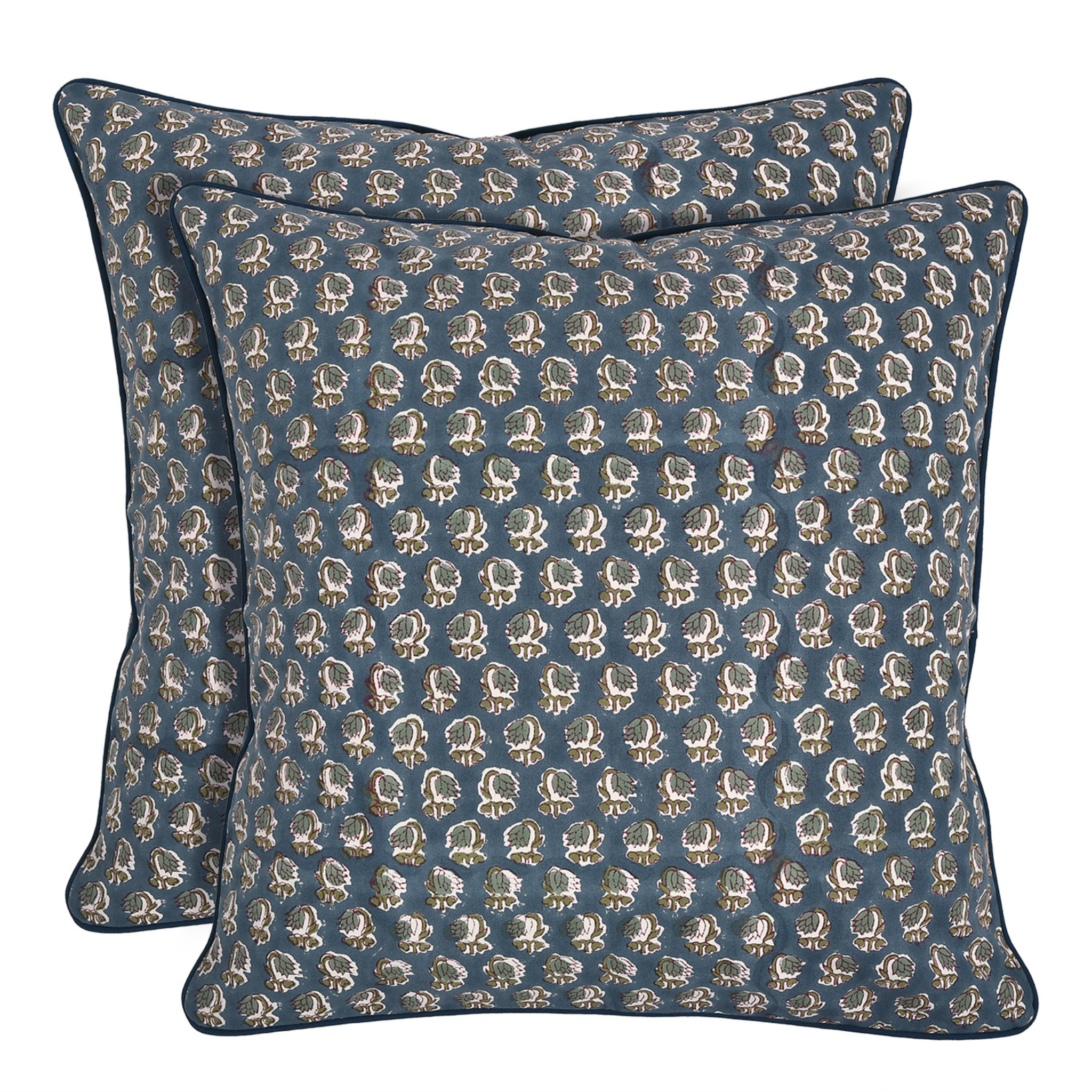 Two blue patterned pillows on a white background