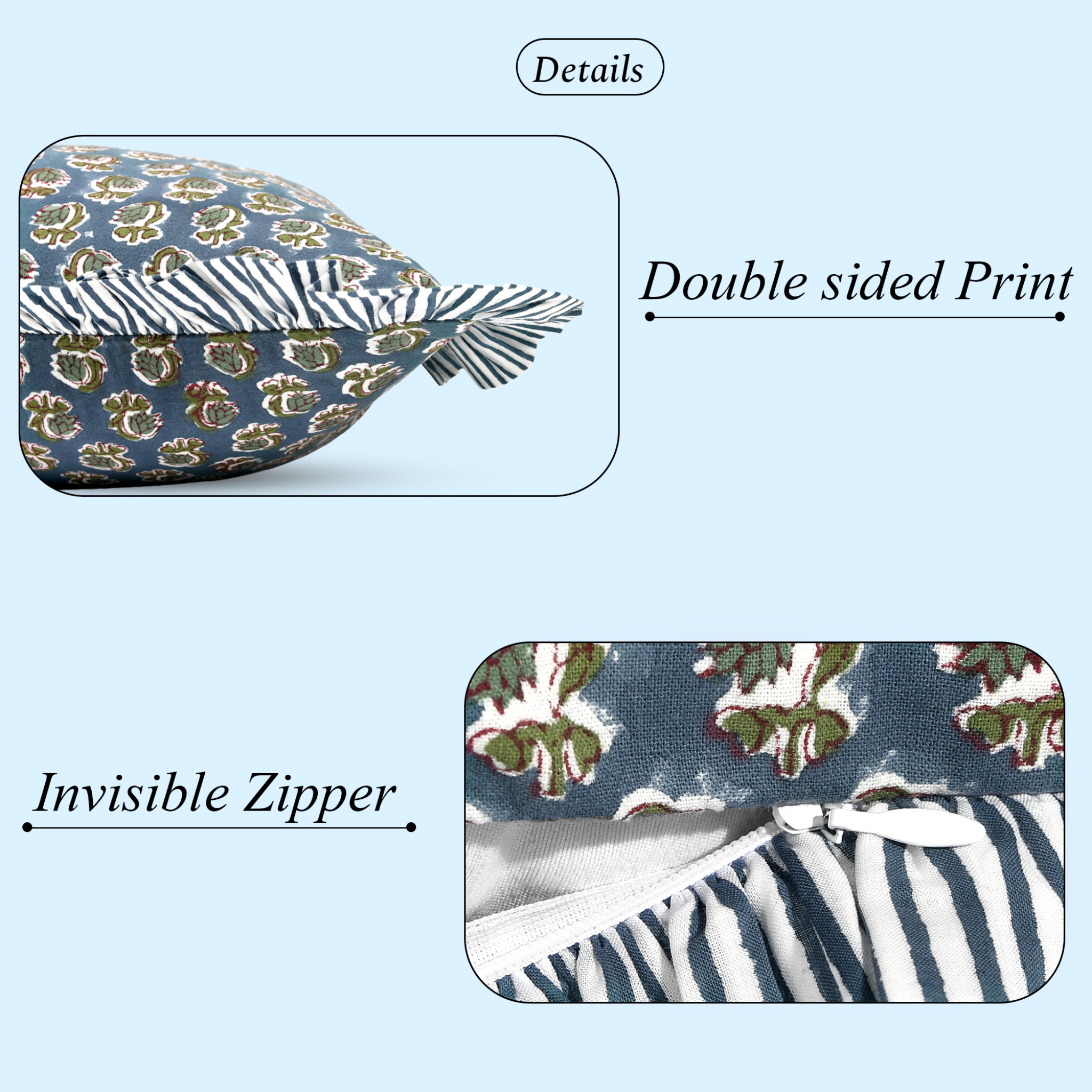 Close-up of cotton pillow cover showing double-sided print and invisible zipper.