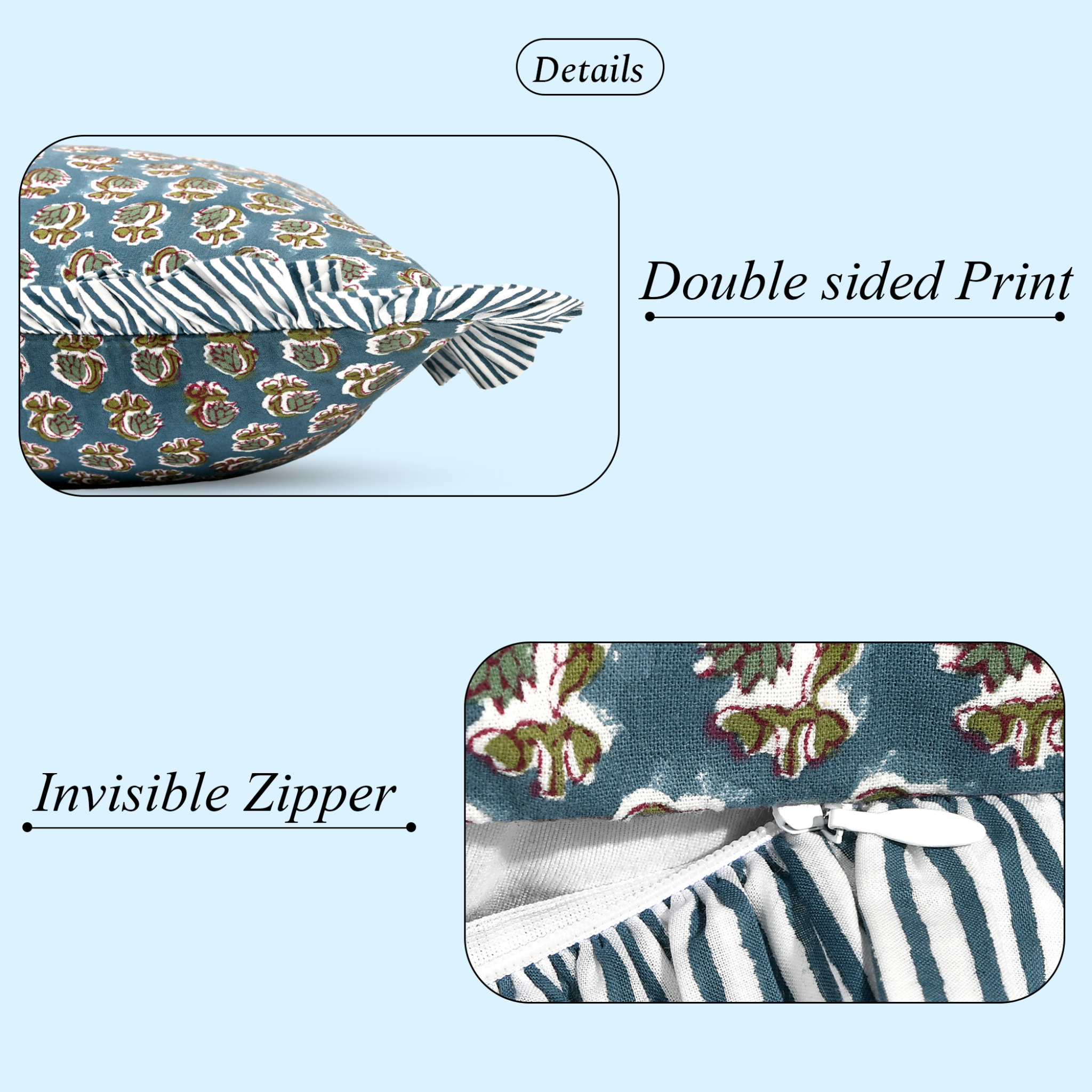Product with double-sided print and invisible zipper on a light blue background