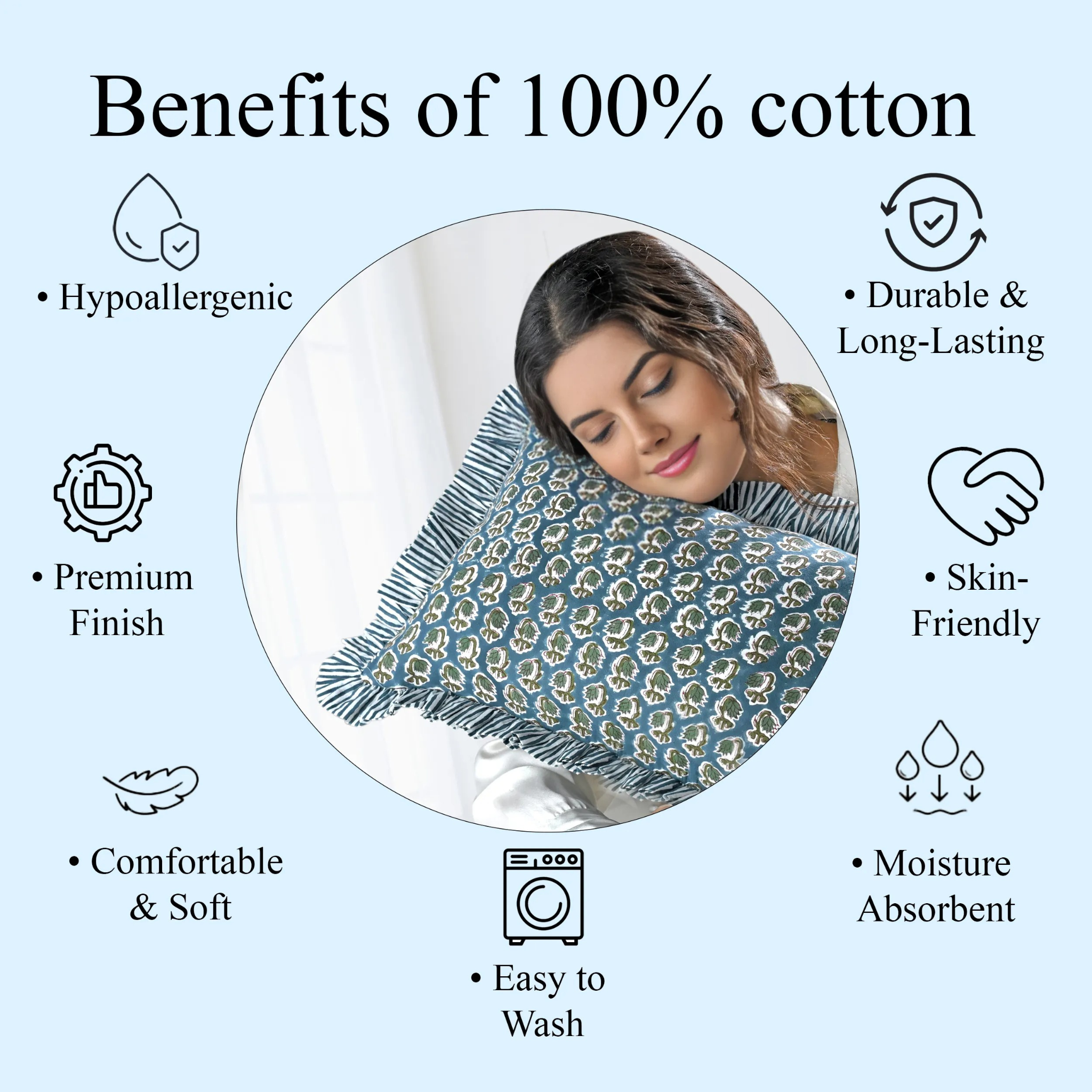 Woman sleeping with a patterned pillow, surrounded by text listing benefits of 100% cotton.